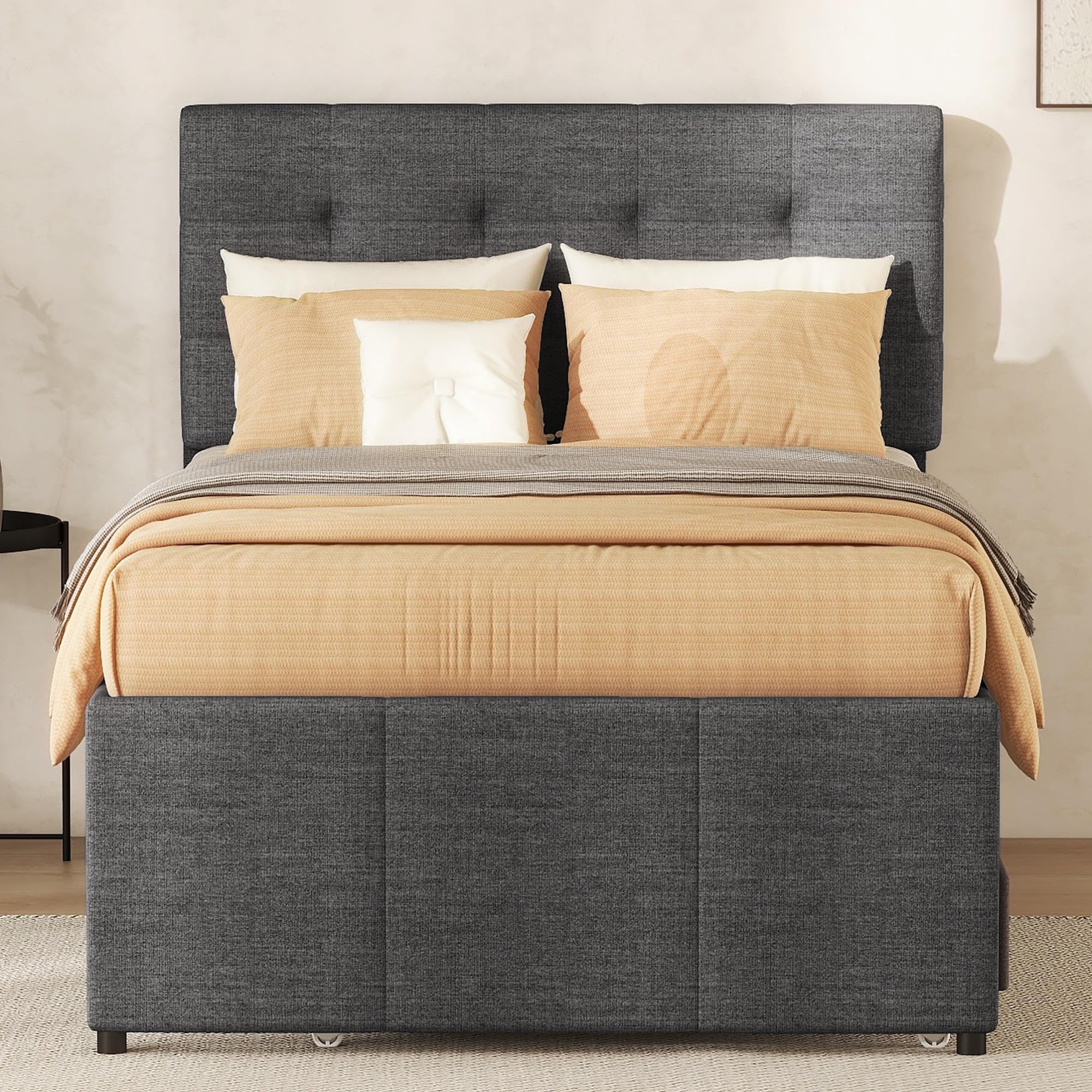 Gestoffeerd bed, 90 × 200 cm, met 3 laden en in hoogte verstelbaar hoofdeinde, linnen, opbergbed, bedframe met 90 × 190 cm, uittrekbaar bed en lattenbodem voor volwassenen of jongeren (beige