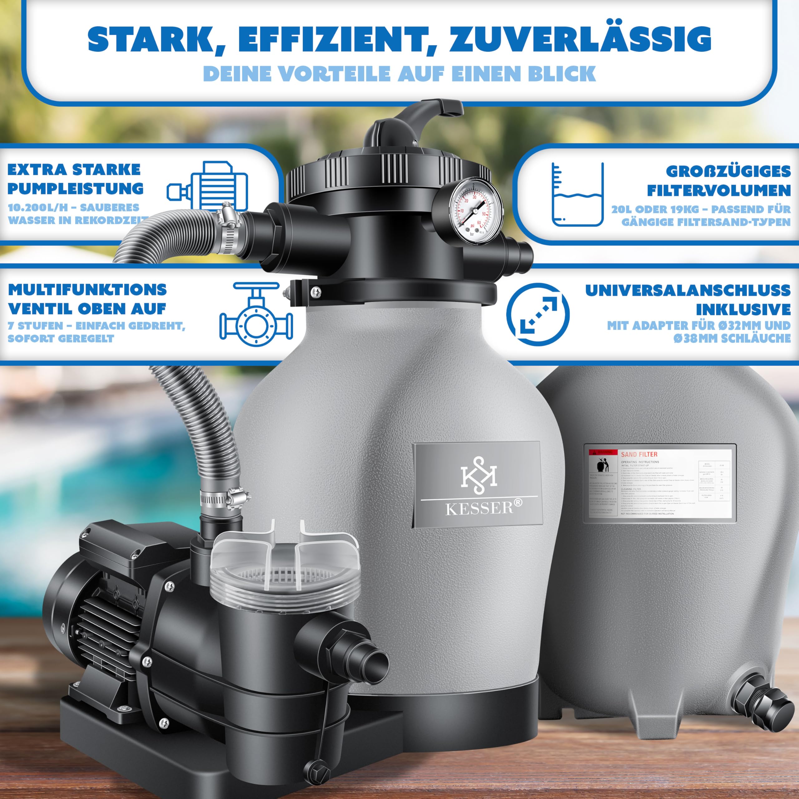 KESSER Sistema de filtro de arena + 700 g de bolas filtrantes reemplazan 25 kg Filtro de arena válvula de 7 vías con indicador de presión, filtro de piscina, 10 mġ/h tanque de filtro (gris)