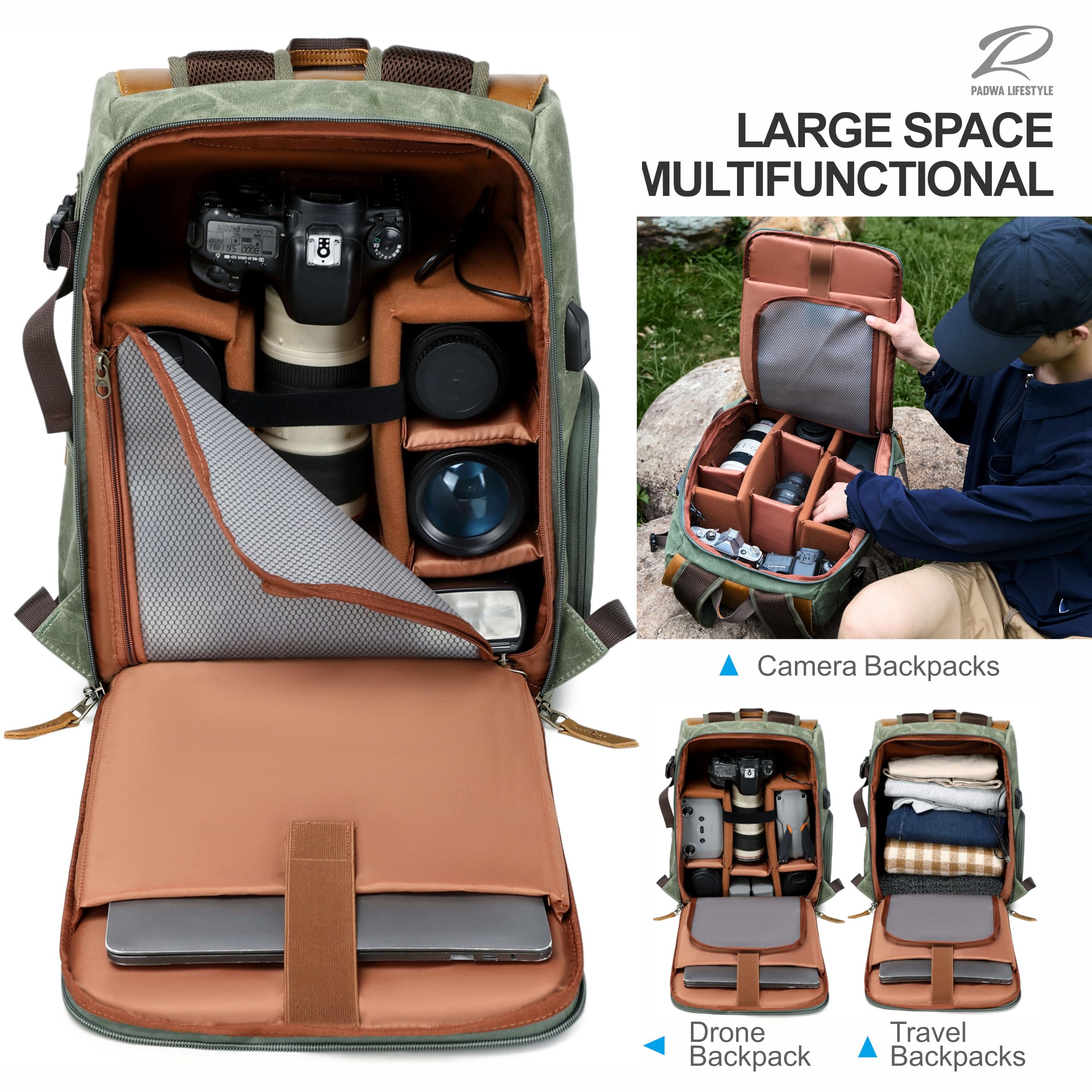 Padwa Lifestyle Grüner Kamerarucksack - wetterfeste Kameratasche aus gewachstem Memory Canvas mit 16“ Laptop-/Objektivfach und Stativfach, Mehrzweck-Kamerarucksack für professionelle Fotografen