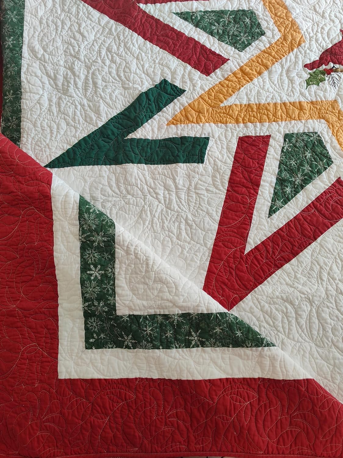 Handmade Queen Size Patchwork Quilt Set with Embroidered Cardinal & Stars - Rustic Farmhouse Cotton Bedding - Crimson, Forest Green & Gold - All Season Decorative Quilt