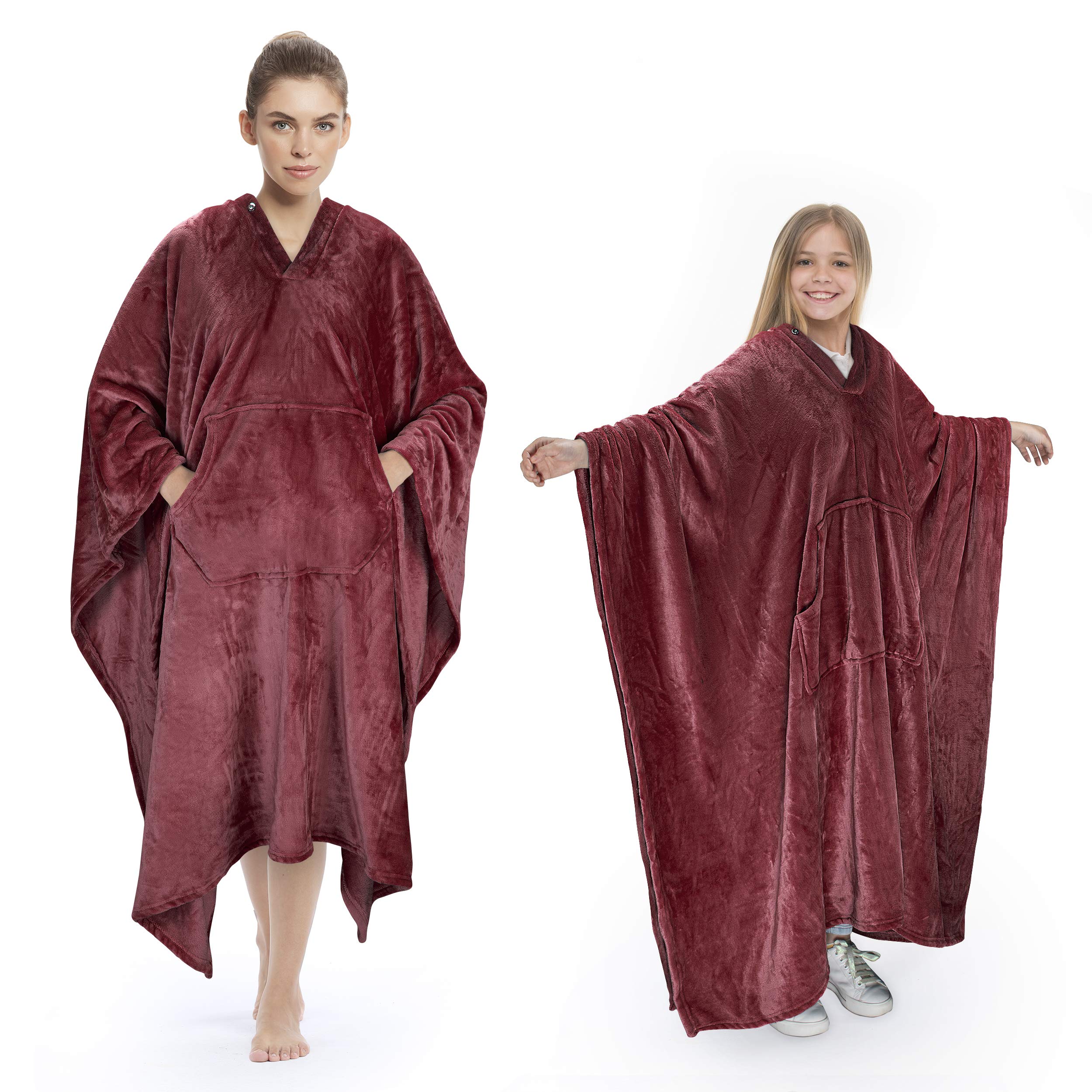 Catalonia Classy Women's Wine Portable Poncho Blanket, Cosy Fleece Blanket With Front Pocket, Winter Gifts For Adults, Men, Kids
