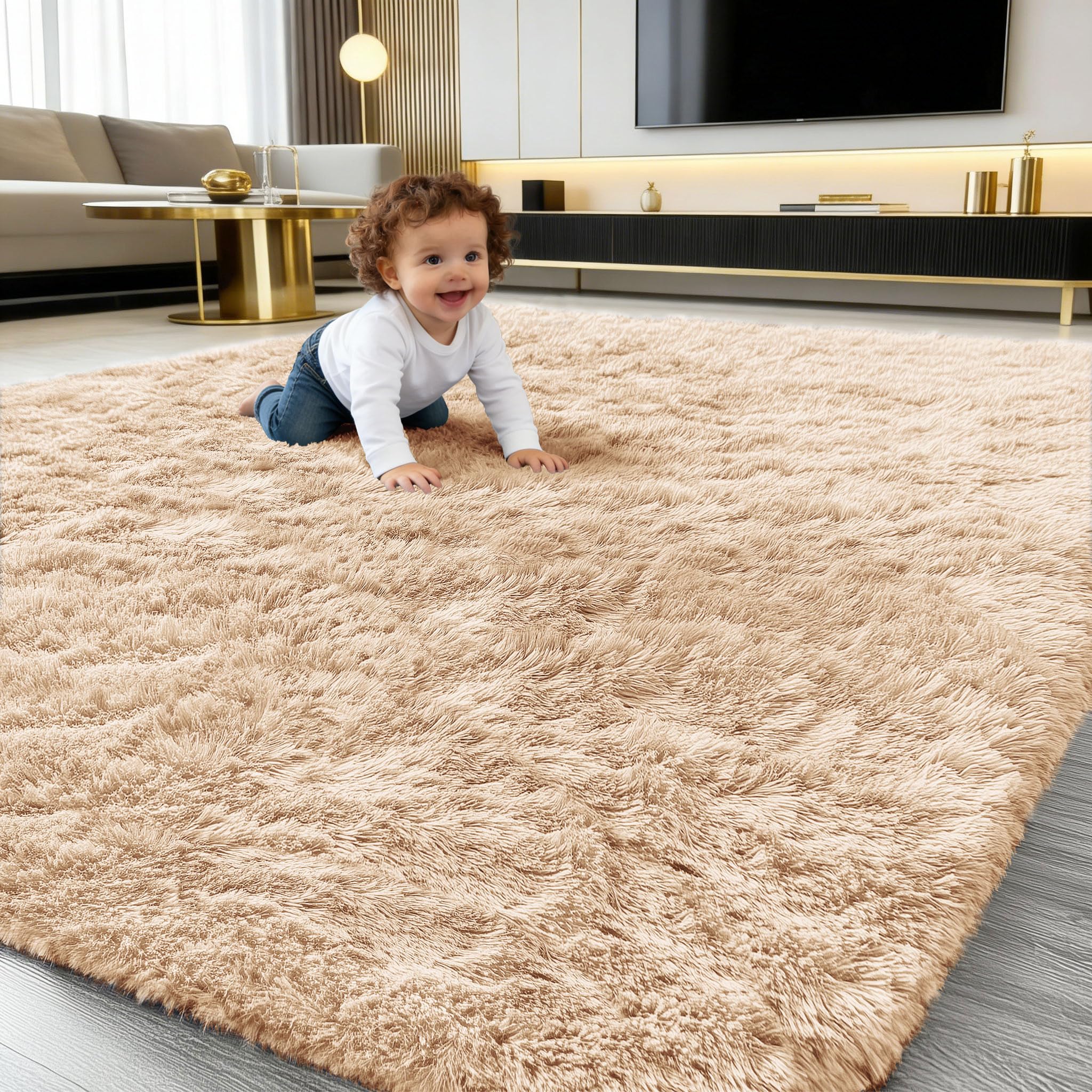 smiry Hochflor Weich Teppich Flauschig Waschbar Anti-Rutsch Unterseite Moderner Kuscheliger Teppiche fürs Flur, Wohnzimmer, Kinderzimmer, Schlafzimmer - Kamel, 120 x 160 cm