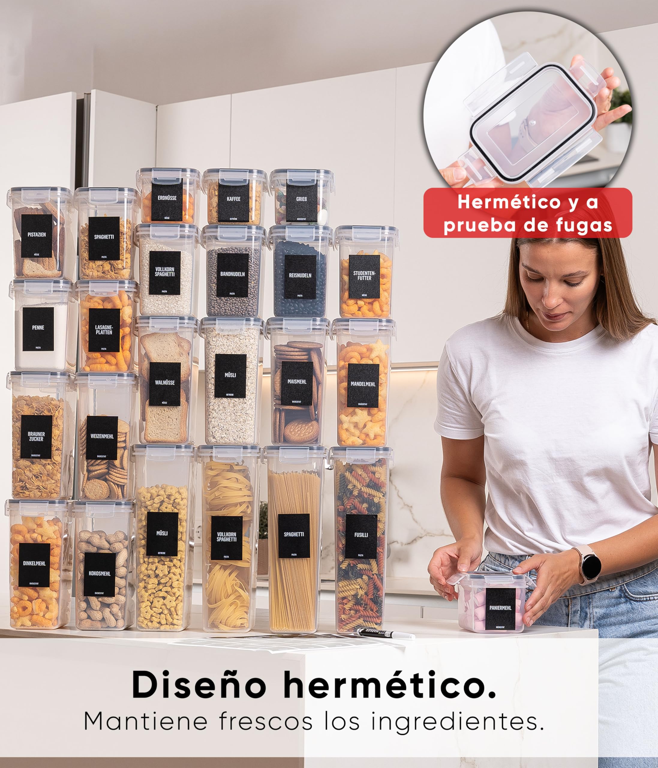 Deco haus Botes Cocina Almacenaje de Plástico - Cajas de Almacenamiento de Alimentos Reutilizables con Tapa Hermética - Recipientes para alimentos Set de 24 -Tarros sin BPA - 0,8L 1,4L 2L 2,8L
