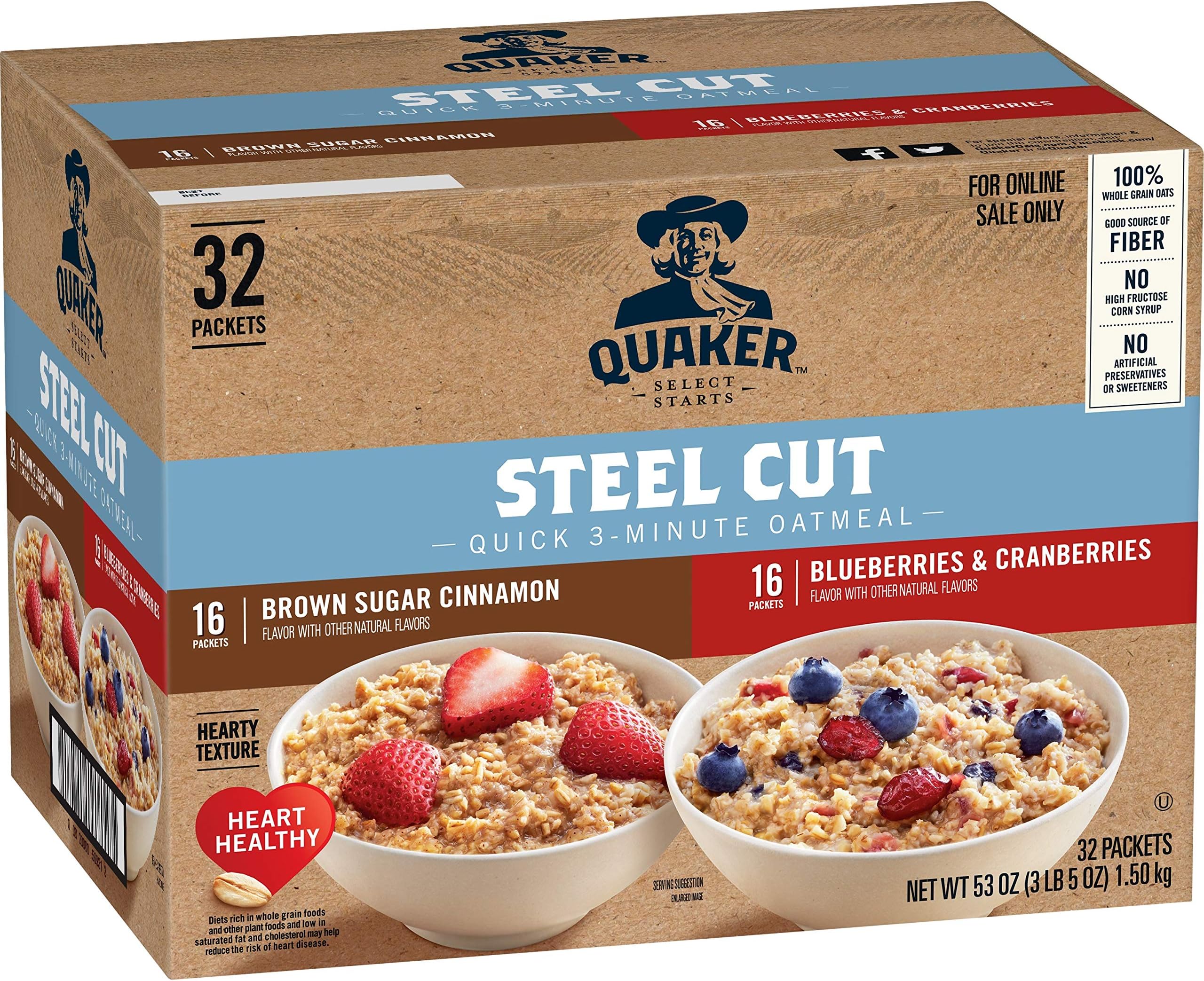 Quaker Steel Cut Quick 3 Minute Oatmeal, 2 Flavors Variation Pack, Individual Packages, 32 Count