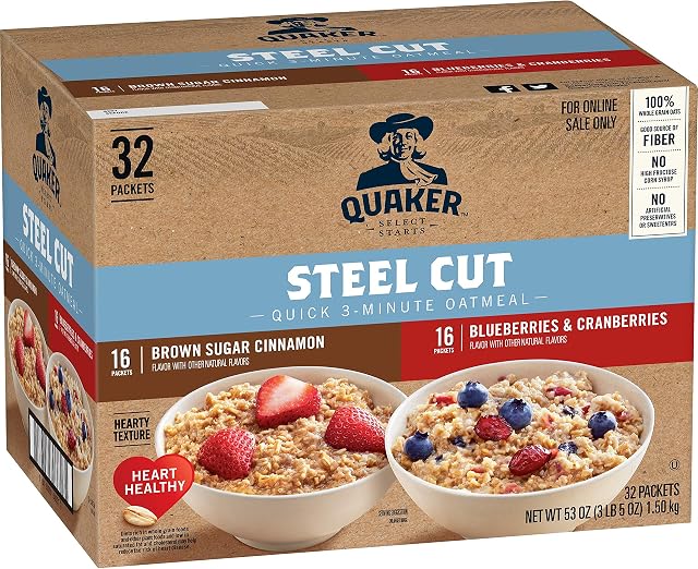 Quaker Quick 3-Minute Oatmeal, Steel Cut, 2 Flavor Variety Pack, Individual Packets