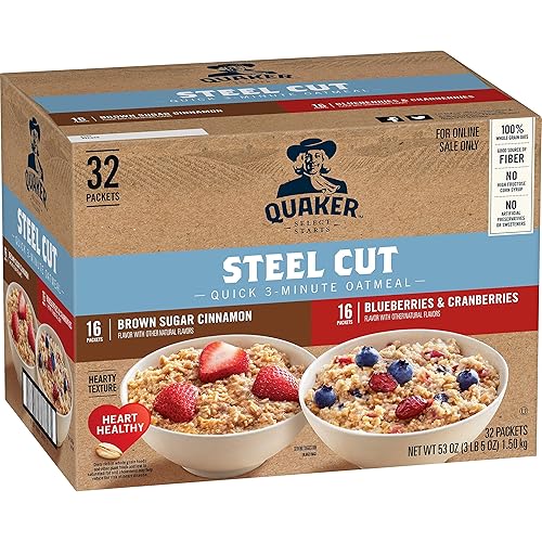 Quaker Steel Cut Quick 3-Minute Oatmeal, 2 Flavor Variety Pack, Individual Packets, 32 Count