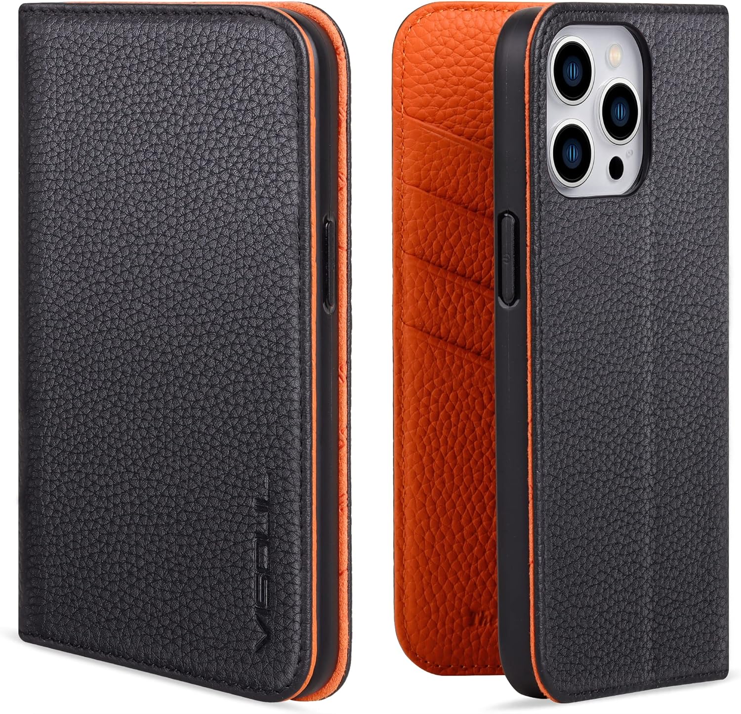 VISOUL Genuine Leather Wallet Case for iPhone 14 Pro Max (6.7") with Card Holder, Magnetic Flip Cover & Kickstand - Black+Orange