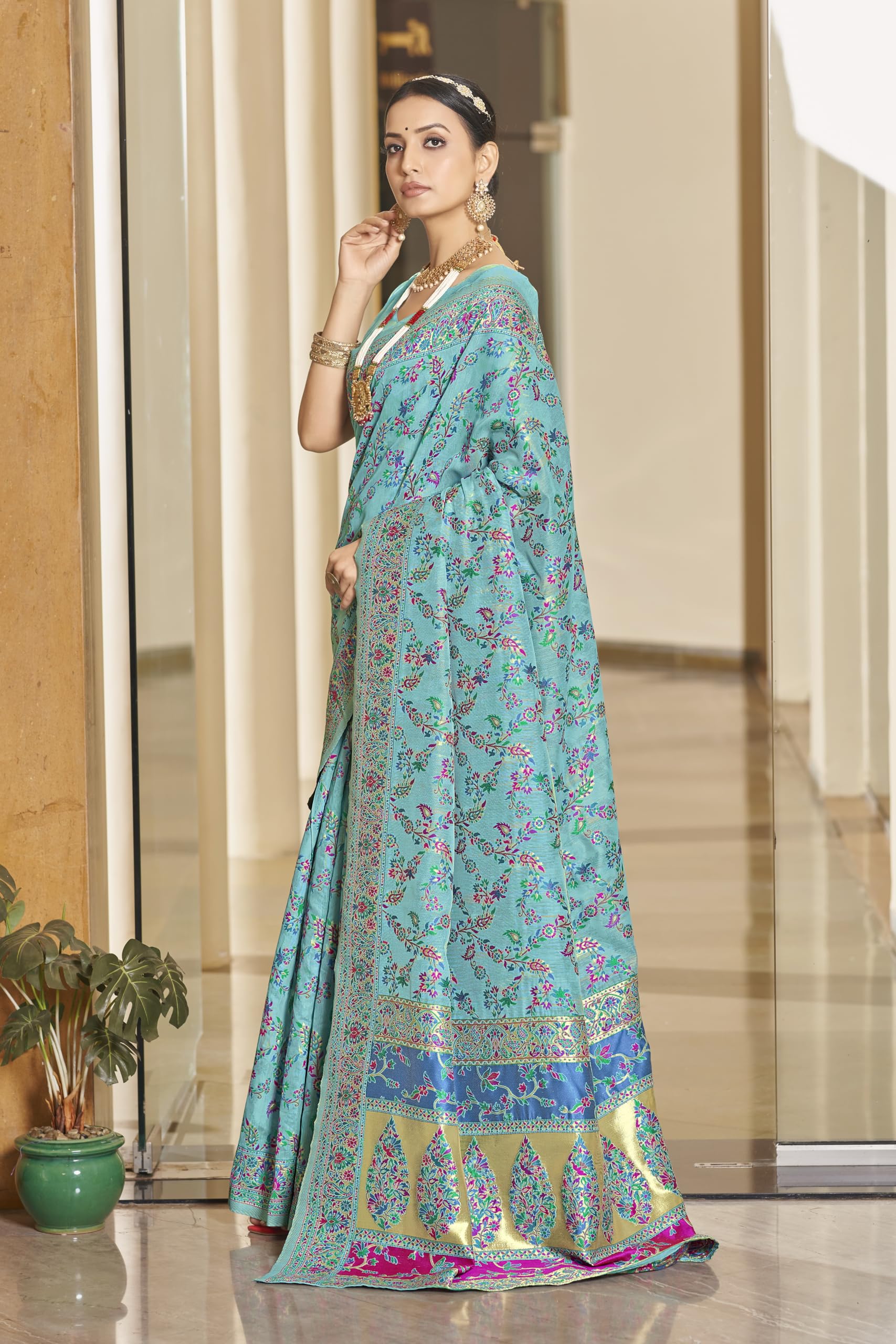 Glory Sarees Women's Kashmiri Cotton Woven Saree With Blouse Piece (Heritage_Silk111_Firozi) 1