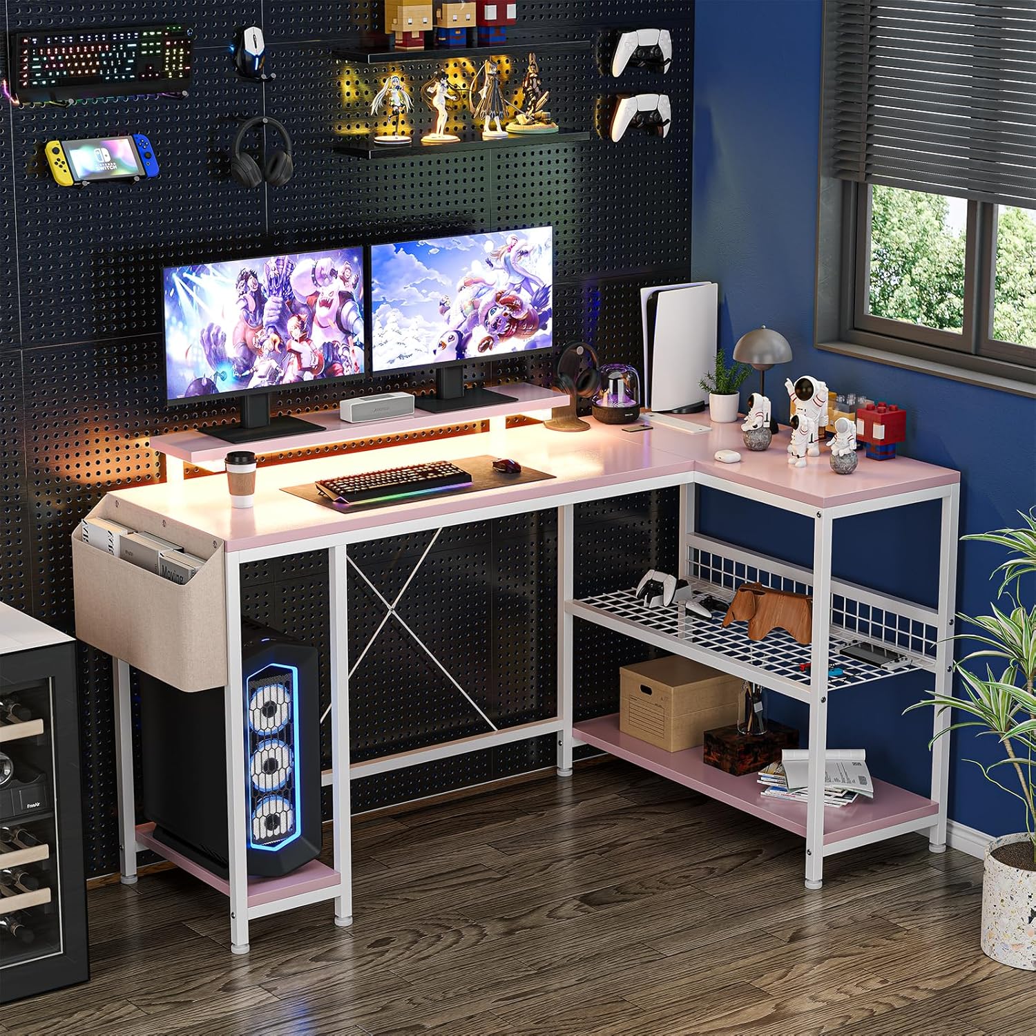 Jojoka L Shaped Computer Desk with Power Outlets & LED Light, 49.6" Reversible Corner Computer Desk with Storage Shelves & Monitor Stand, Home Office Desk, Gaming Desk, Writing Desk (Pink)