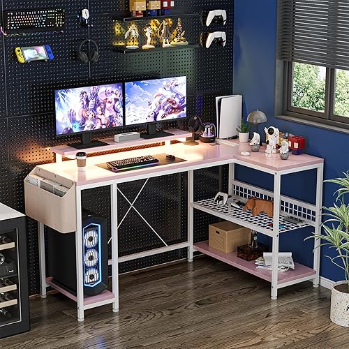 Miniatura 2 de Escritorio para computadora en forma de L con tomas de corriente y luz LED, escritorio esquinero reversible de 49.6 pulgadas con estantes de