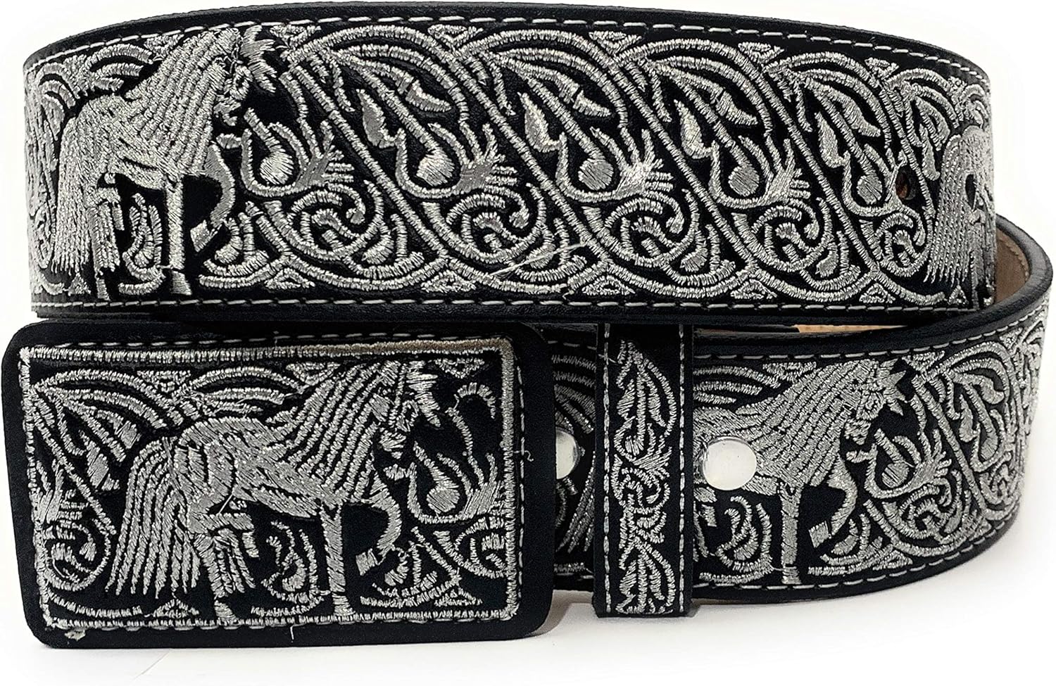 Men's Western Silver Embroidered Cowboy Rodeo Belt, Cinto Charro Bordado Hilo Plateado Cinto Vaquero (40, Black)