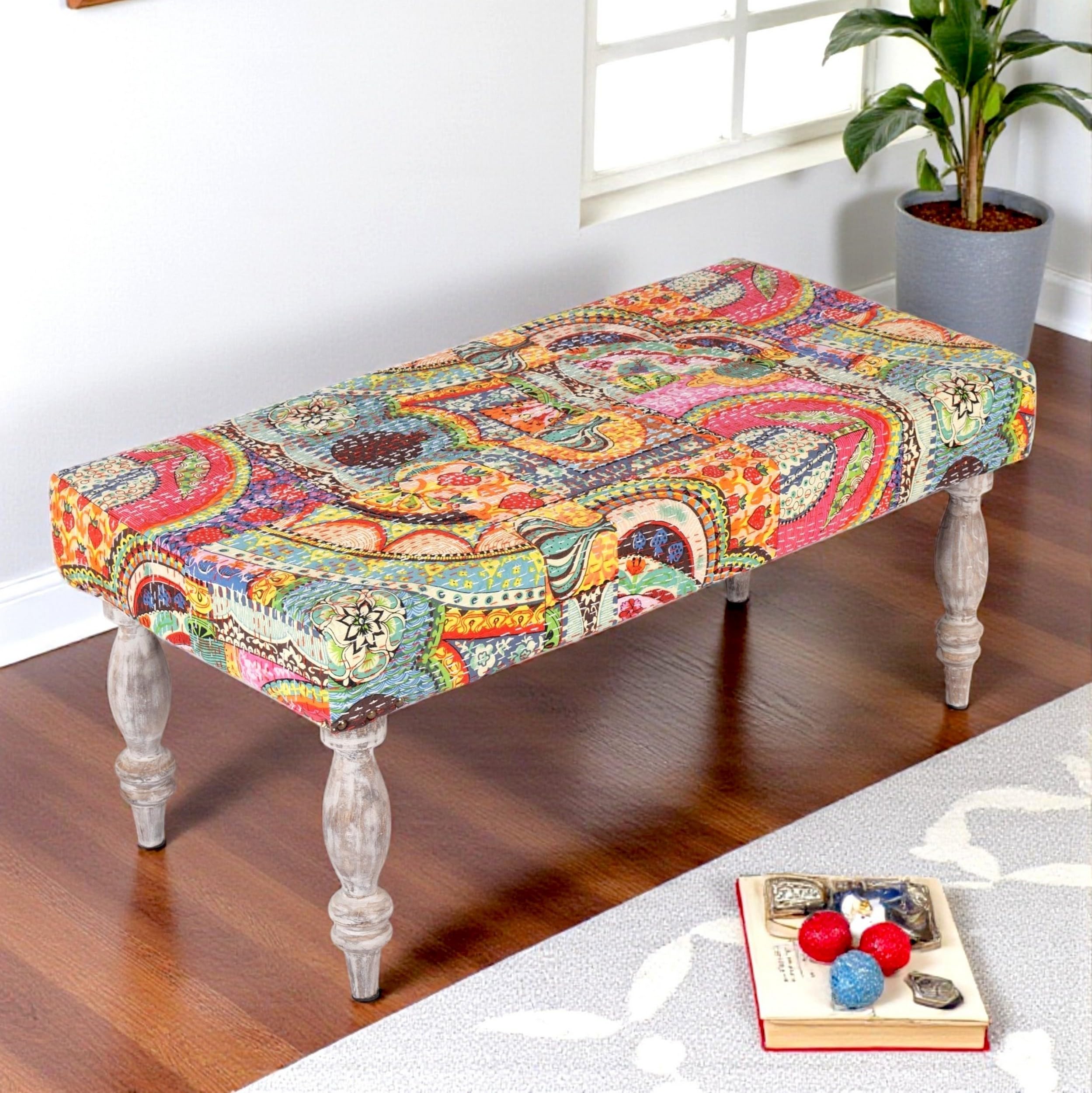 Ikiriya Ohio Solid Wood 2 Seater Bench Multicolor Wooden Kantha Upholestered Cushioned Couch Furniture for Home Living Room Dining Table - 36 x 18 x 16 Inch, Loft-image-12