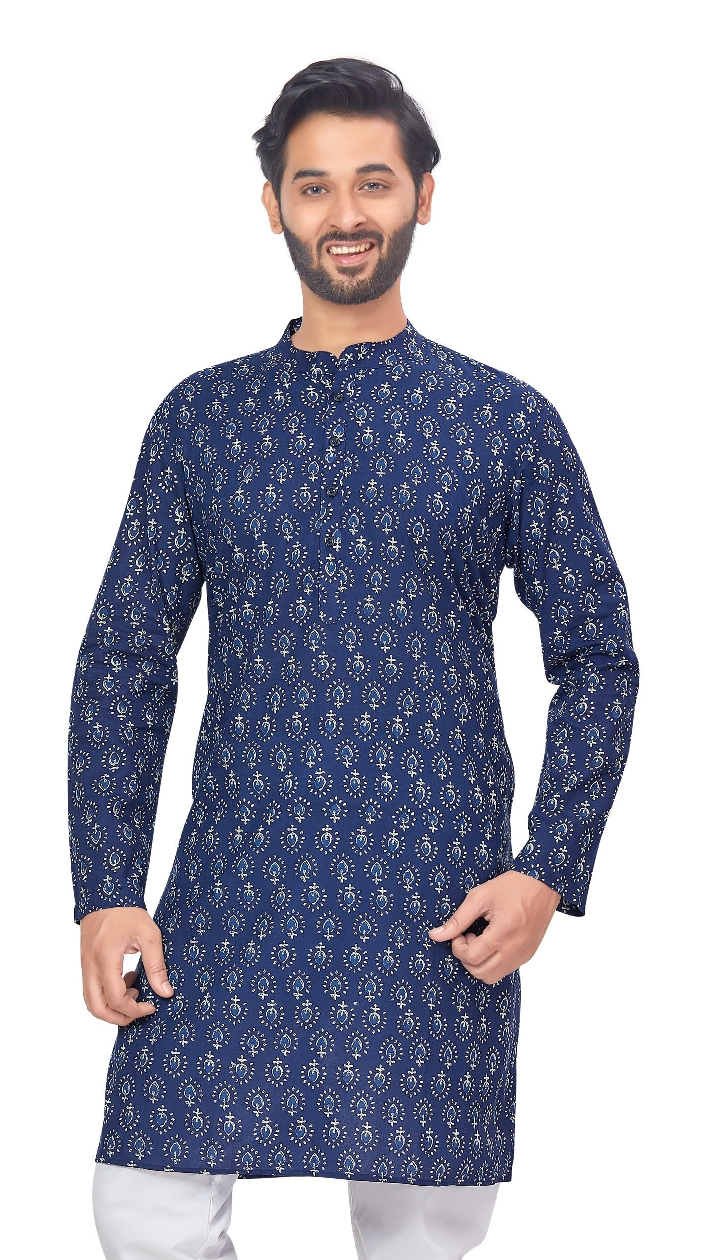 Men's Cotton Relaxed Fit Block Printed Knee Length Regular Kurta (M121)-image-42