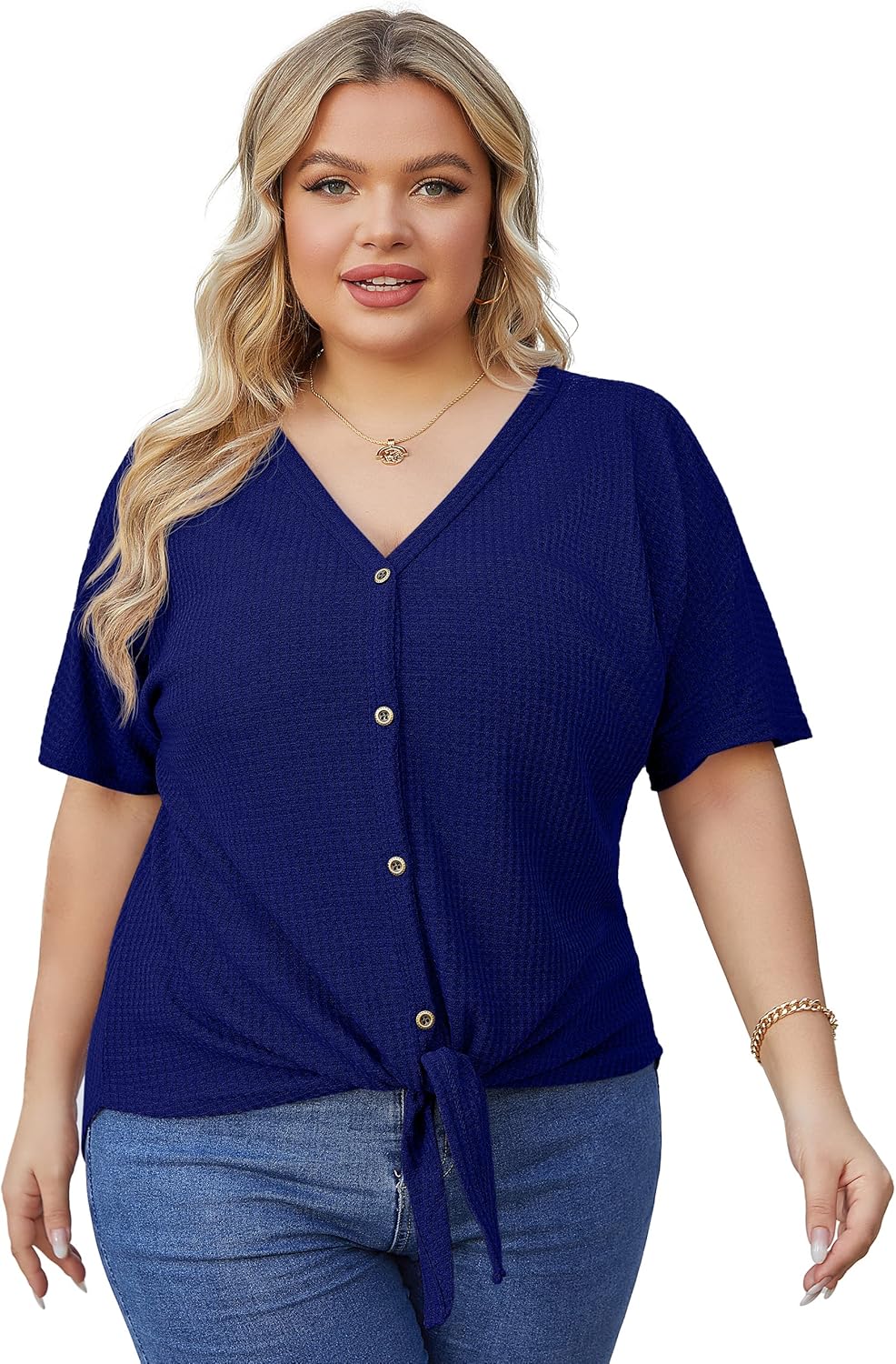 OLRIK レディース プラスサイズ トップス 半袖 Vネック ワッフルニット チュニック ブラウス タイフロント ボタンアップ T OLRIK  Womens Plus Size Tops Long Sleeve V Neck Waffle Knit Tunic Blouse Tie Front  Button Up T Shirts Black-Large OLRIK レディース プラスサイズ トップス 半袖 Vネック ワッフルニット チュニック ブラウス タイフロント ボタンアップ T