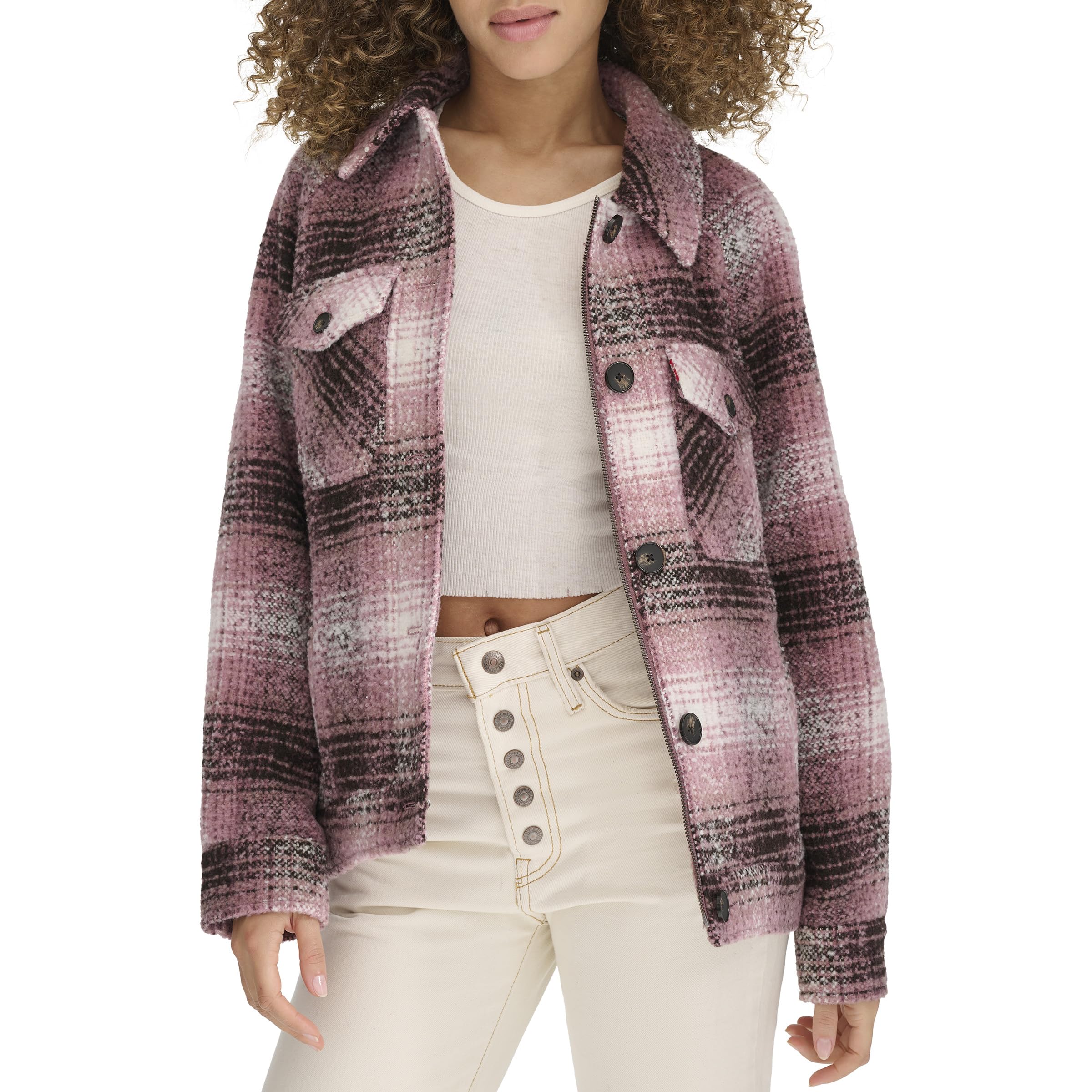 Levi's Women's Zoe Relaxed Wool Plaid Shirt Jacket, Porcelain Rose Plaid, Medium