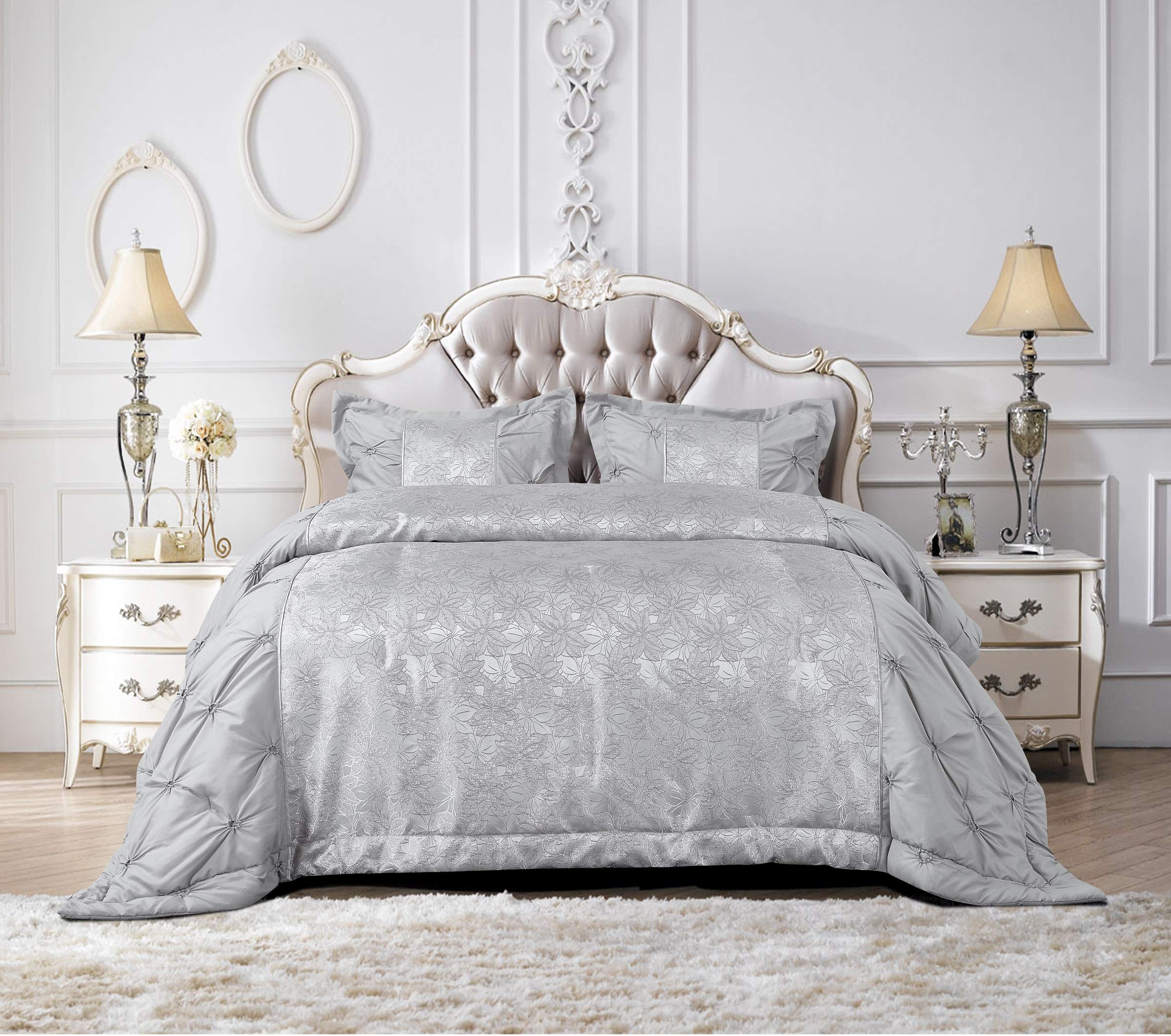 Bedspread set 3 Piece Comforter Jacquard Quilted Bed throw With Pillow Shams (Maya-Silver, King)