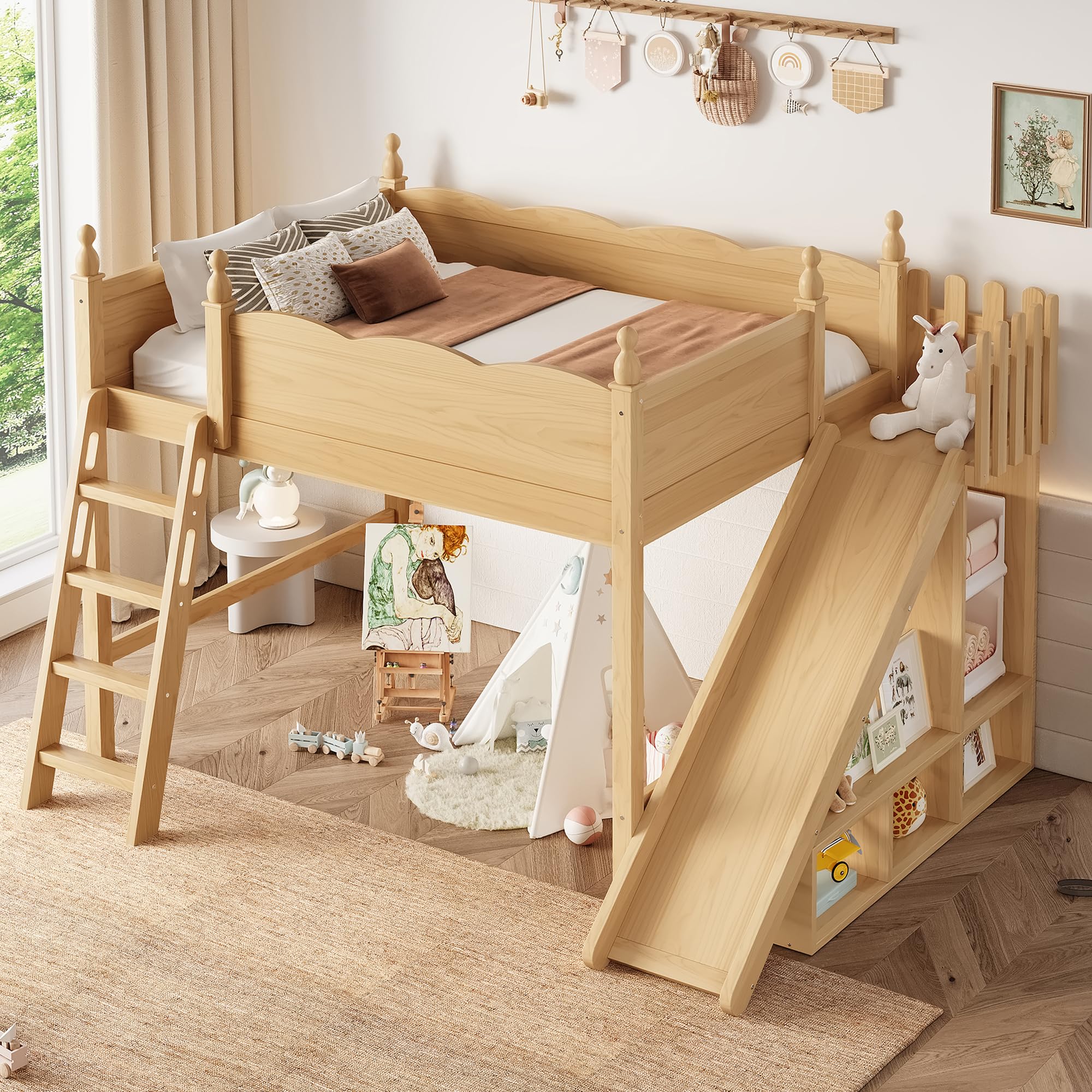 Full Size Loft Bed with Storage Shelves, Cabinet &amp; Detachable Slide and Ladders, Solid Wood Kids Loft Bed for Space-Saving, Playful &amp; Organized Bedroom (Natural2, Full)