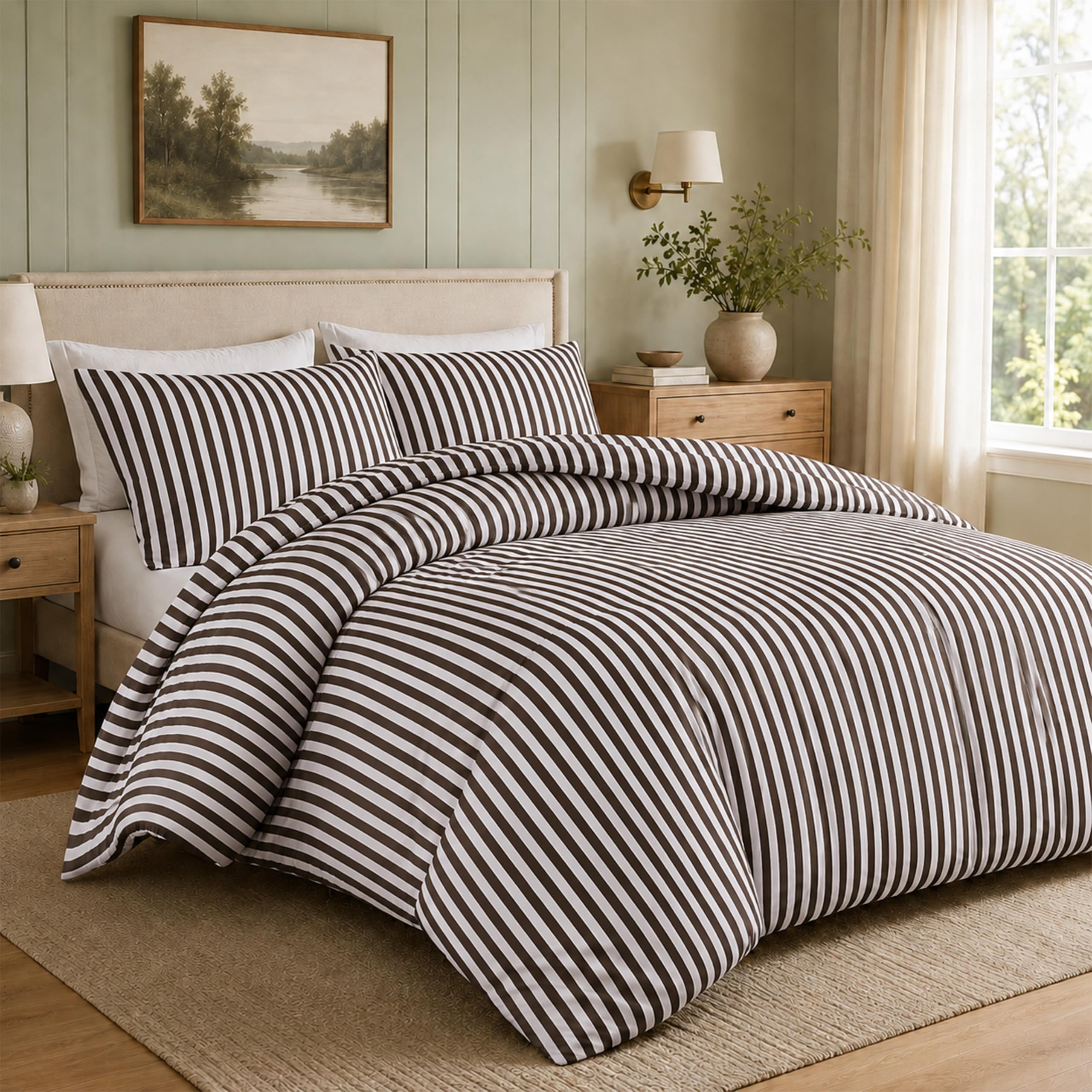Olivia Rocco Chocolate Malham Stripe Double Duvet Cover Set Soft Microfibre Bedding Reversible Quilted Bed Sets With Pillowcases (, Double)
