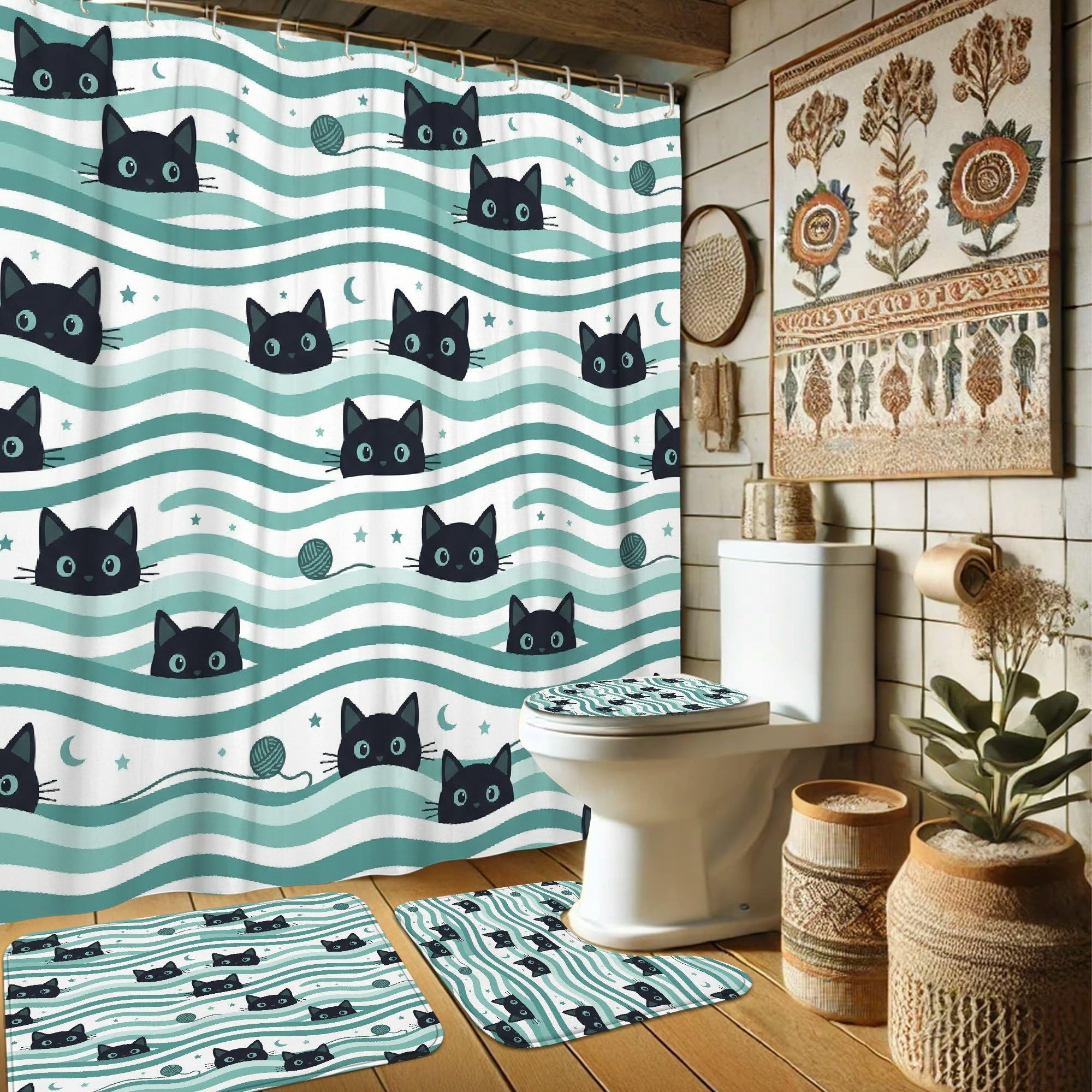 Rideau de douche anti-éclaboussures en polyester motif chat et vagues 183x183