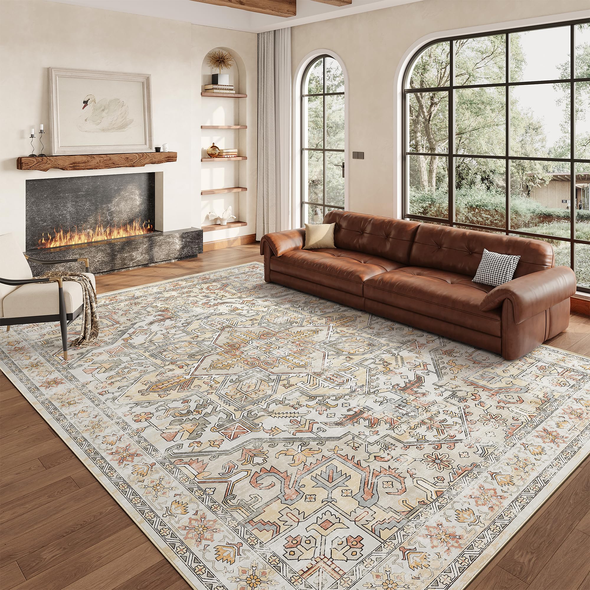 zesthome 8x10 Area Rugs - Stain Resistant Washable Rug for Living Room, Non-Slip Backing Large Area Rug with Ultra-Thin Low Pile for Bedroom, Vintage Home Decor