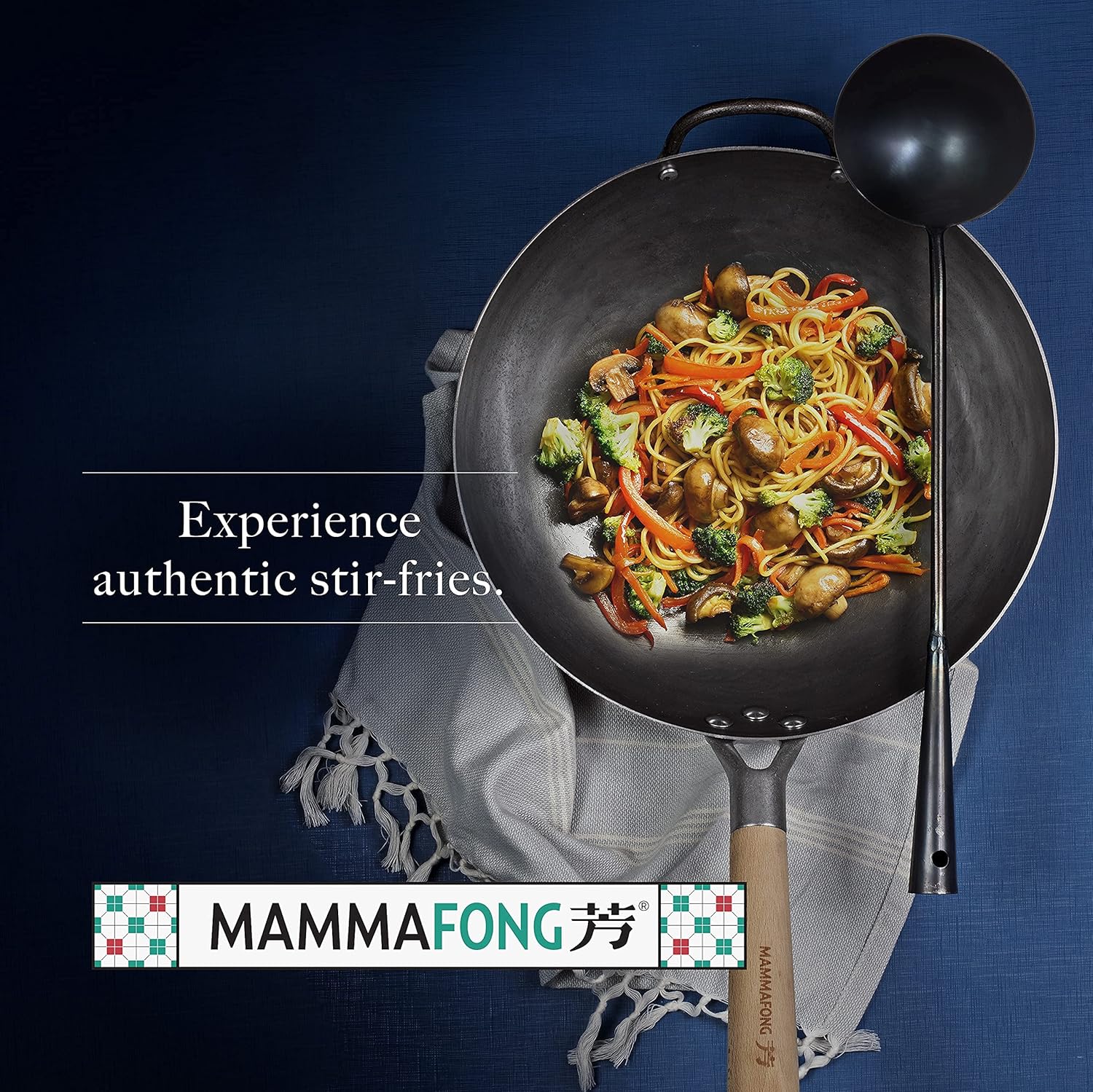 Mammafong 15" Long Hand Forged Wok Ladle (Hoak) - Pre-seasoned Carbon Steel Stir Fry Utensil