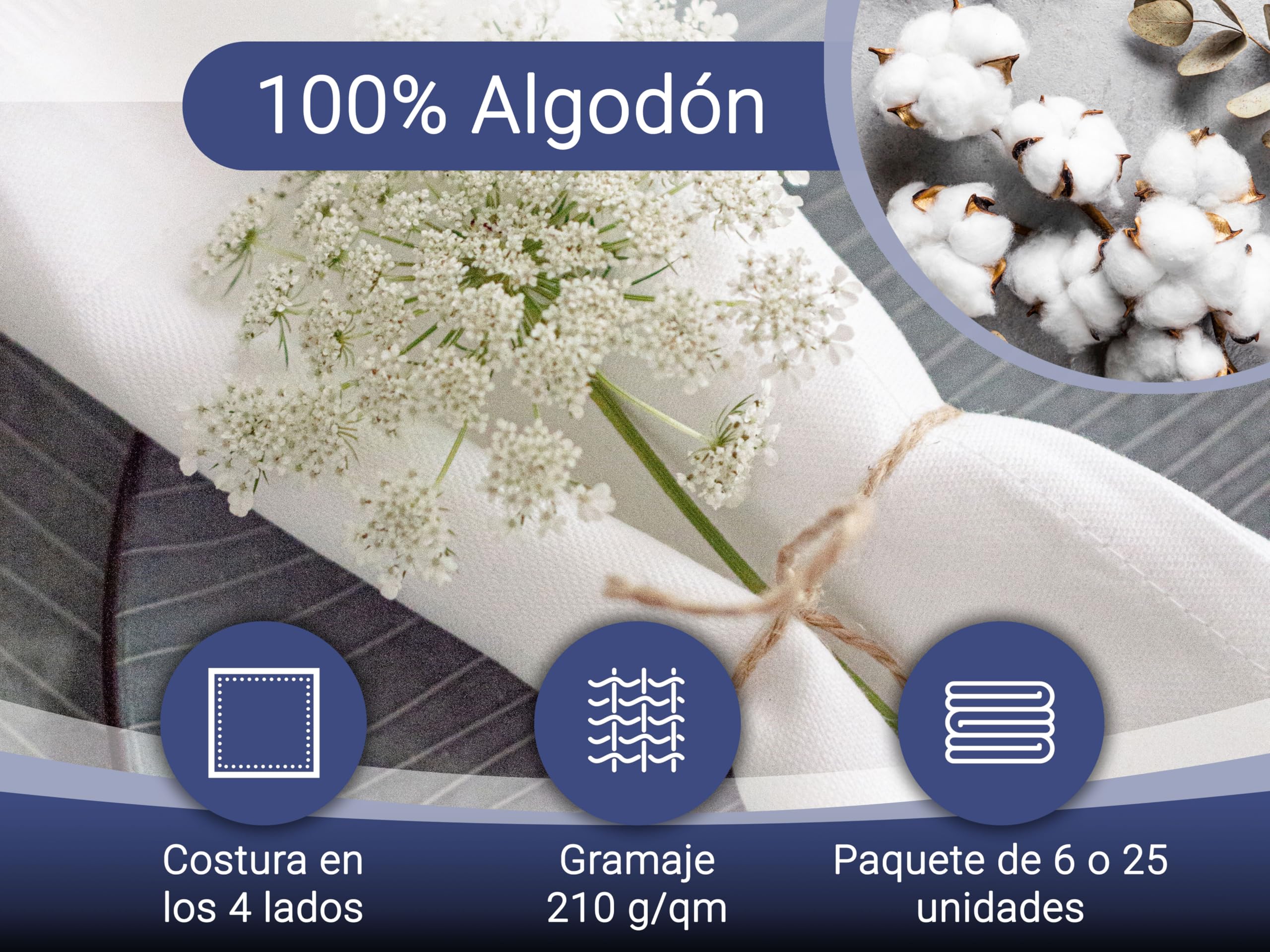 ZOLLNER Set de 25 Servilletas de Tela 100% Algodón, 50x50 cm, Blanco.