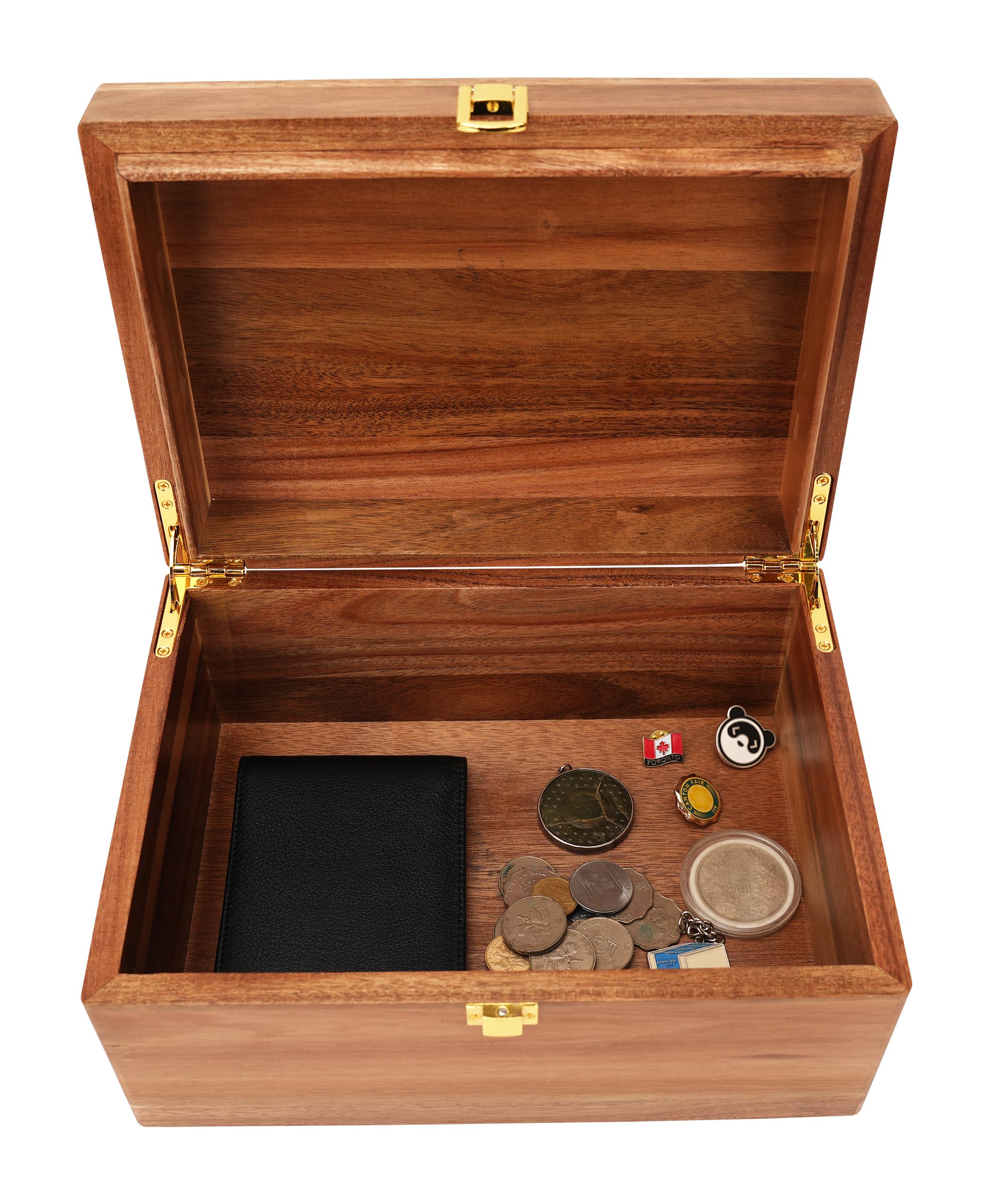 Spiretro Acacia Teak Brown Handmade Premium Solid Acacia Wood Box With Hinged Lid – Natural Unique Finish, Golden Hinges & Latch Closure, Secure Storage For Tea, Jewelry, Crafts, Tools & More – 11" X 8" X 5.25" Inch