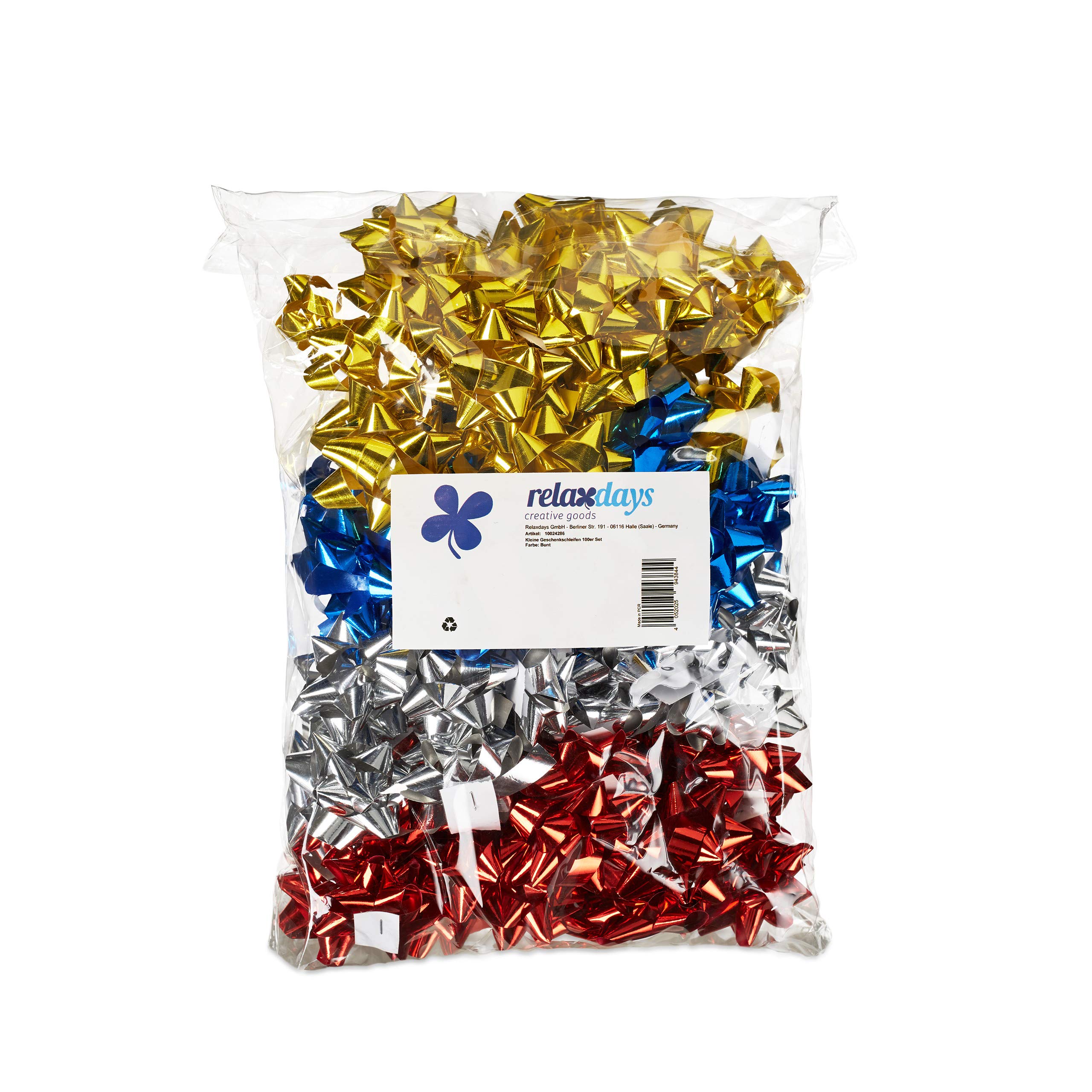 Relaxdays Set de 100 Lazos Regalo Adhesivos, Polipropileno, Multicolor, 5 cm de Diámetro