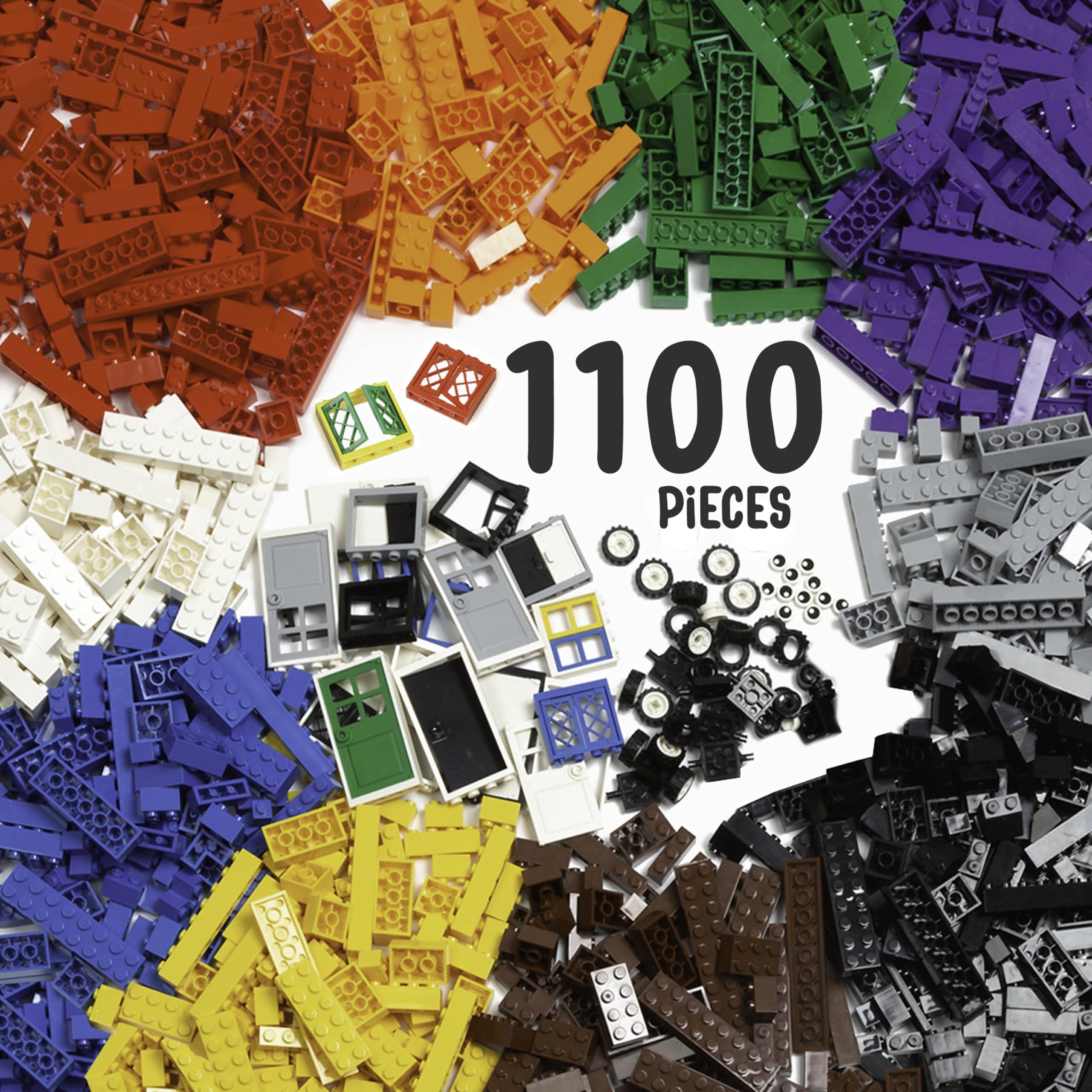 Play Platoon 1100 Pieces Building Bricks Set - 10 Classic Color Blocks - Bulk Building Blocks Compatible with Major Brands - 14 Different Shape Bricks - Includes Wheels, Tires, Axles, Windows & Door