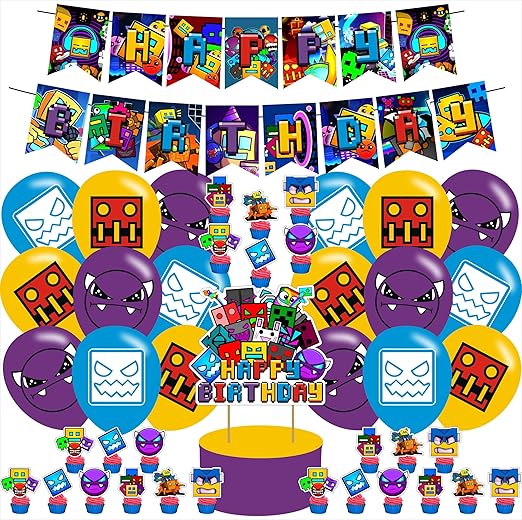Geometry Dash Birthday Party Decorations ,Geometry Dash Birthday Party Favor with Banner, Ballons,Cake Topper, Cupcake Toppers for Boys Girls Fans Geometry Dash Party Supplies, Purple