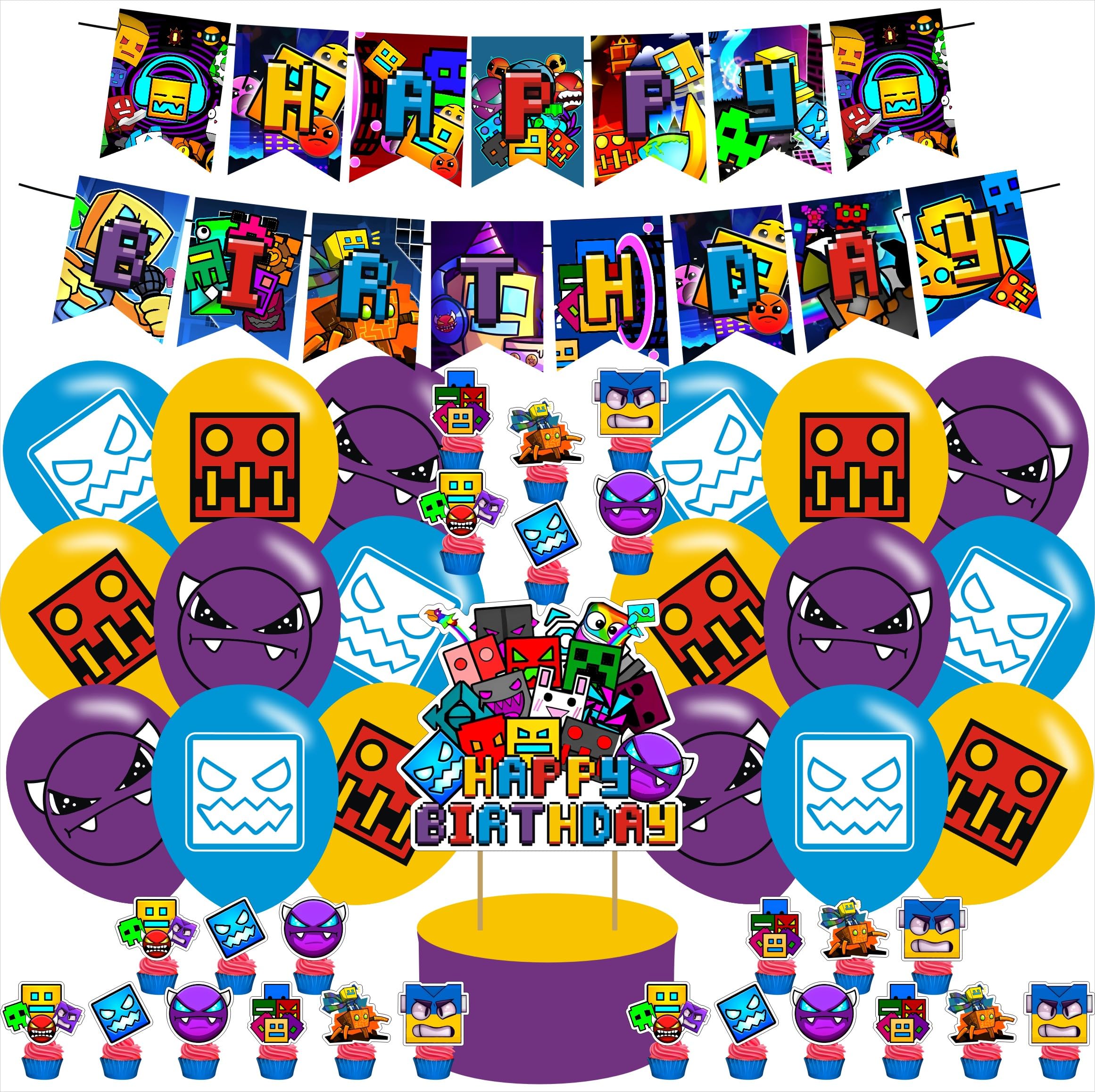 Geometry Dash Birthday Party Decorations ,Geometry Dash Birthday Party Favor with Banner, Ballons,Cake Topper, Cupcake Toppers for Boys Girls Fans Geometry Dash Party Supplies, Purple