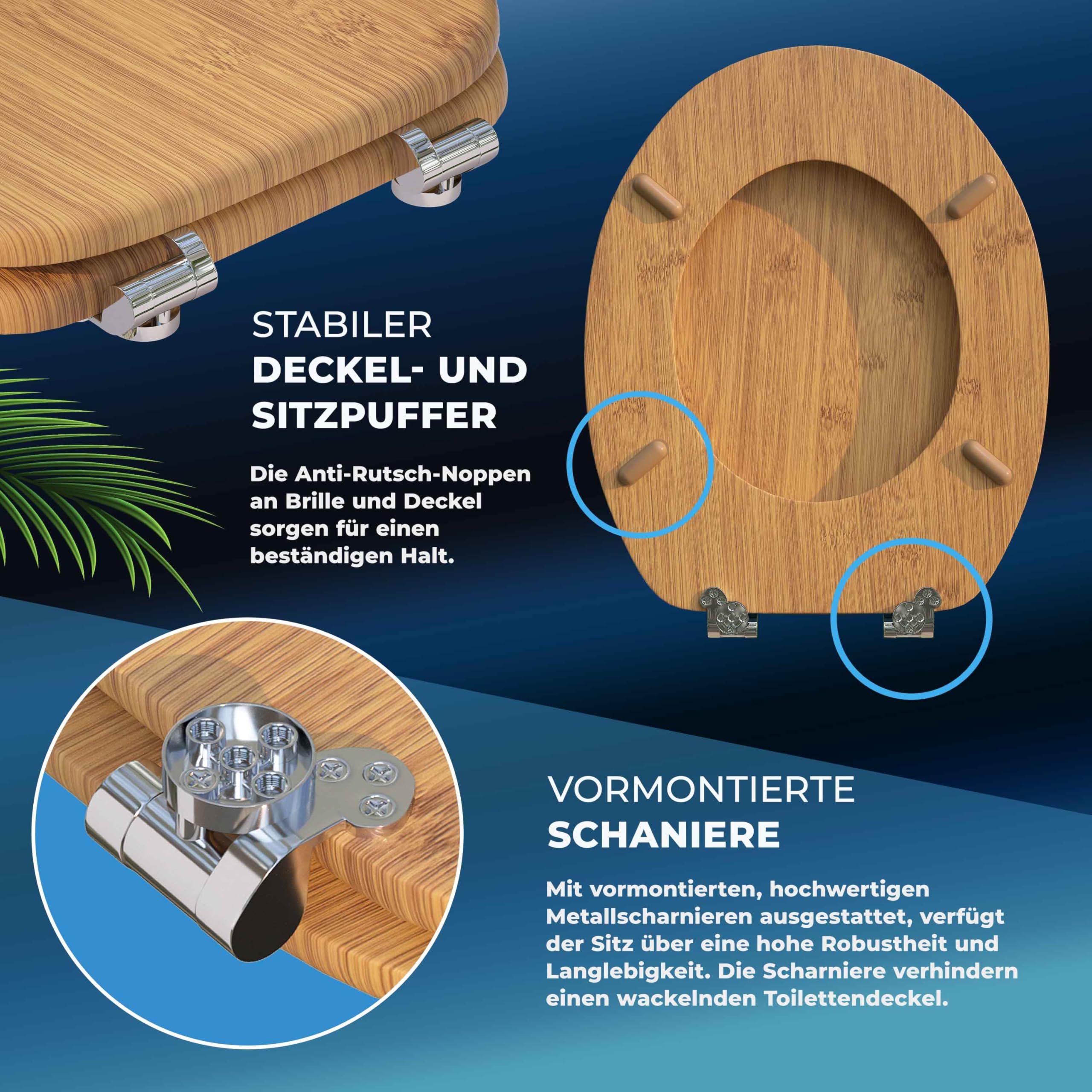 CASARIA® Toilettendeckel mit doppelter Absenkautomatik MDF rostfreie Metall Scharniere WC Sitz 175kg Belastbar Antibakteriell Toilettensitz Bambus