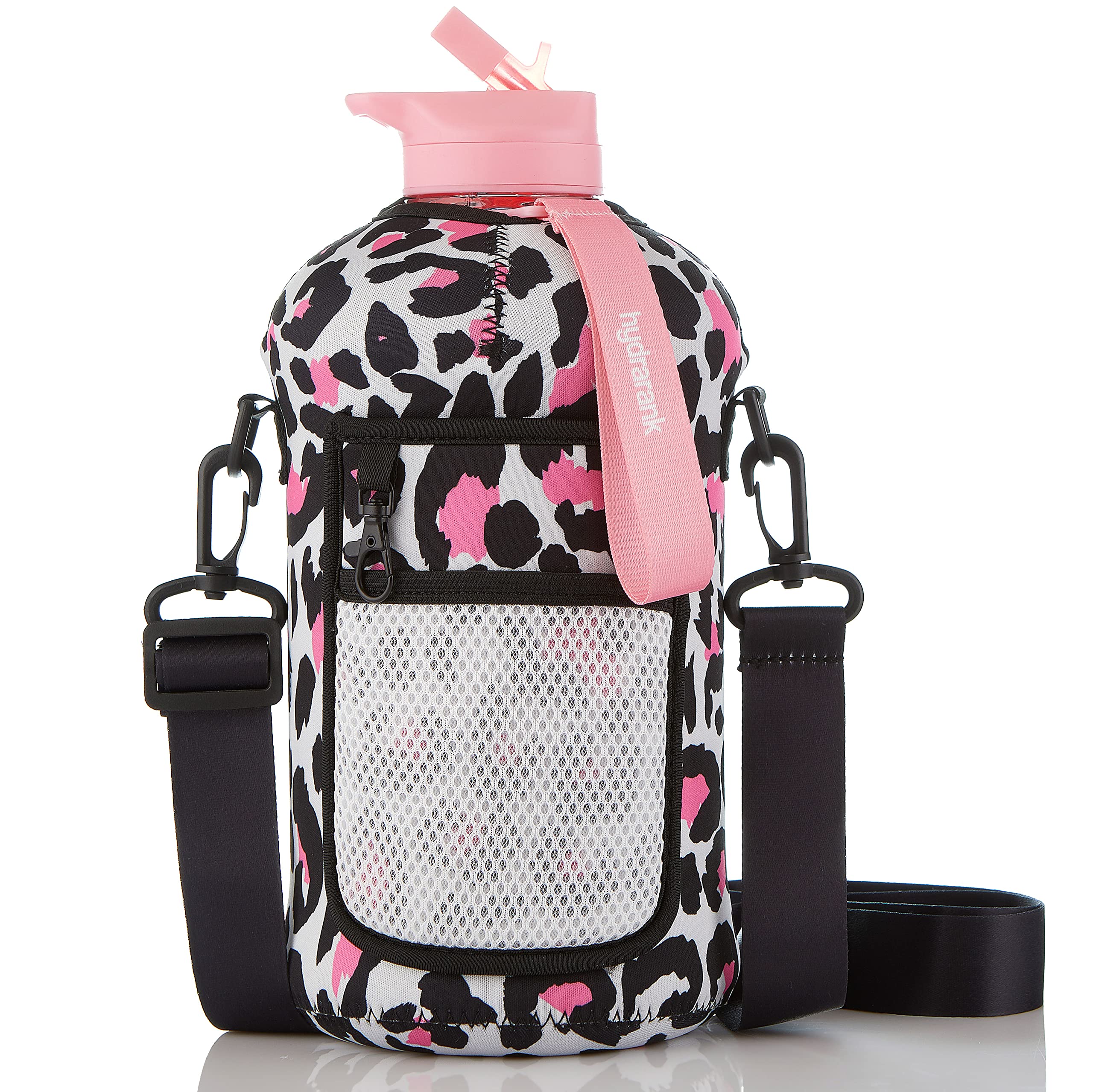 HYDRARANKHalf Gallon Water Bottle with Storage Sleeve & Straw Lid - BPA Free, Big Capacity, 74 ounce (2.2 Liter) Reusable Large Water Jug with Handle for Daily Hydration, Gym Bottles (Pink Leopard)