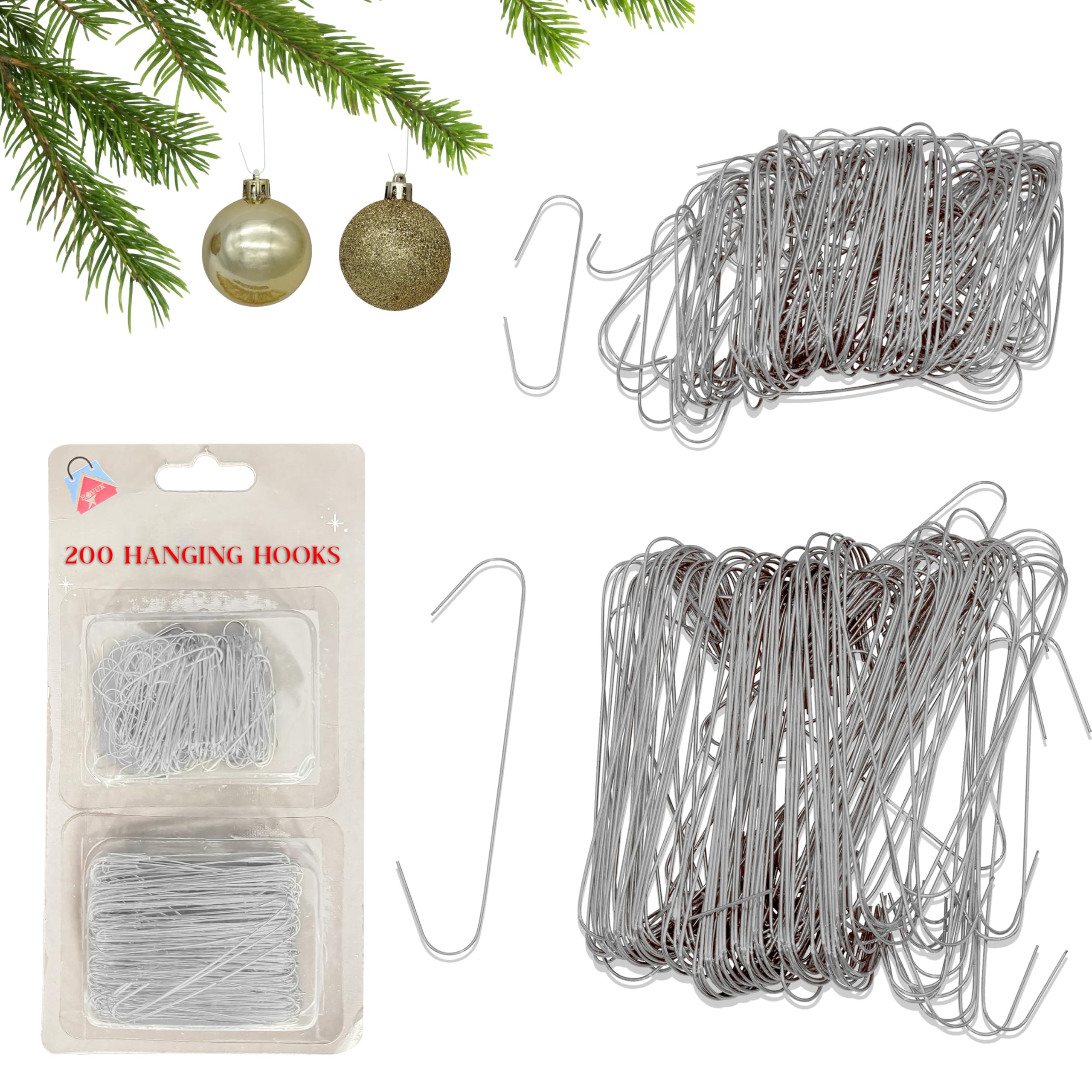 200x Silver Easy Fix Bauble Hooks for Christmas Party Decorations, Hangers Flexible Metal Wire Xmas Tree Ornaments Décor