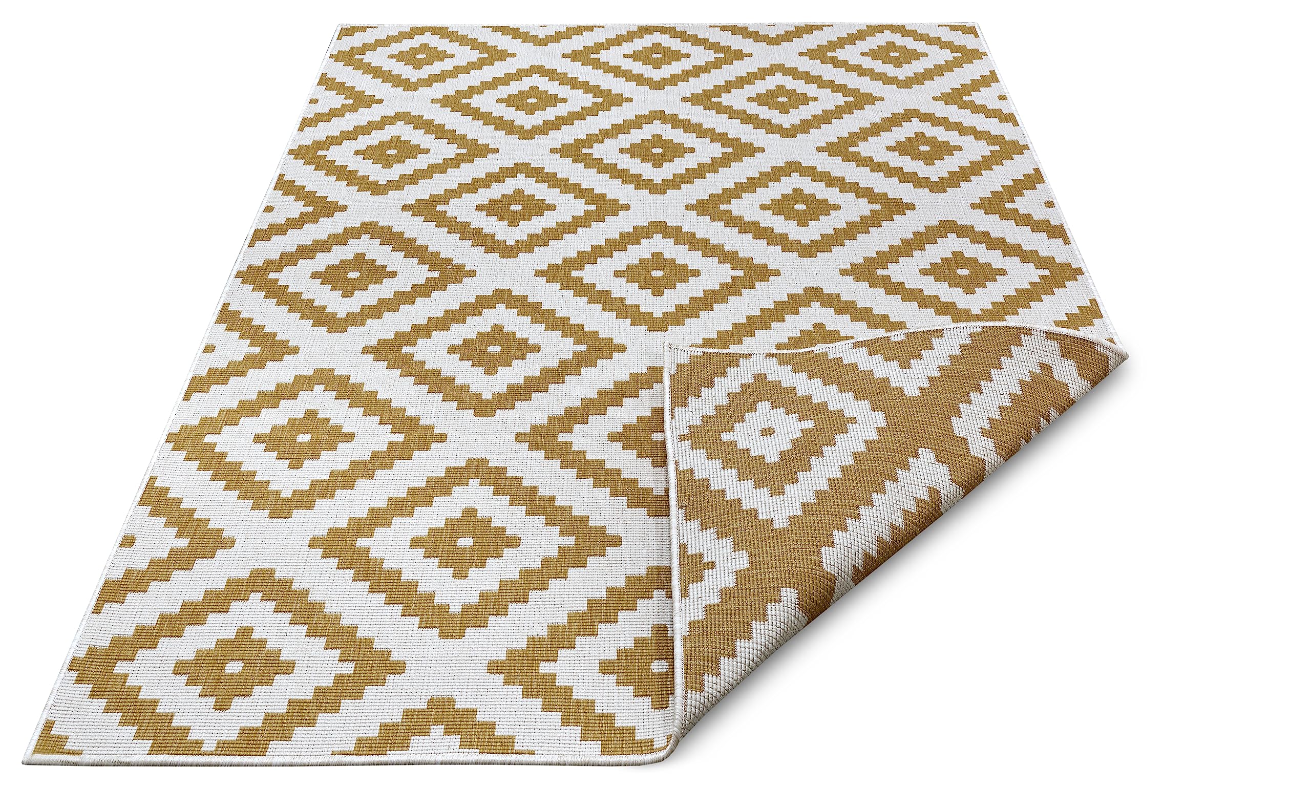 NORTHRUGS Malta - Tappeto reversibile per interni ed esterni, tessuto piatto, design geometrico, certificato Öko-Tex, resistente alle intemperie e ai raggi UV, per balcone, terrazza, giardino, ocra,