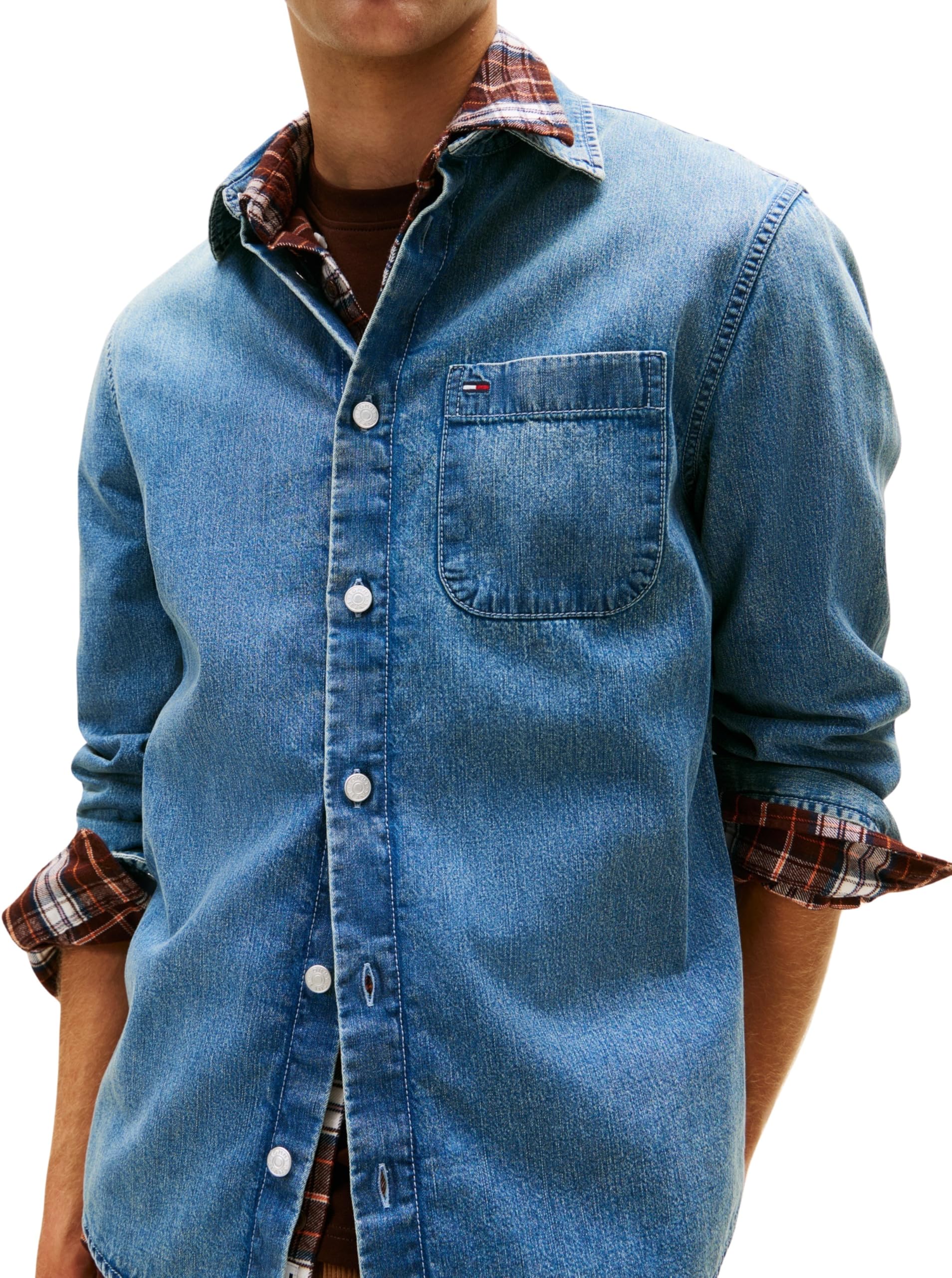 Tommy Jeans Uomo Camicia in Jeans Regular Denim Taschino sul Petto