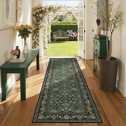 Miniatura 76 de Tapete verde para pasillo de 2 x 6 pies, tapete lavable, vintage, largo y envejecido con parte trasera antideslizante de goma, para cocina y Verde