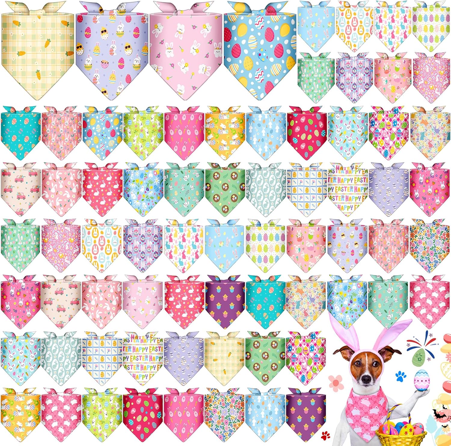 Reginary 72 Pcs Easter Dog Bandanas Bulk Easter Themed Triangle Pet Scarf Adjustable Bunny Cute Bibs Seasonal Kerchief for Dogs Festive Party Spring Pet Costume Accessories