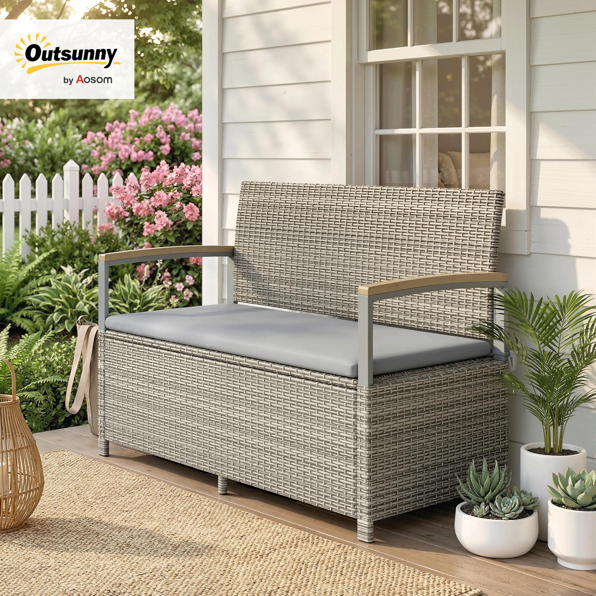 Outsunny Cassapanca Contenitore da Esterno in Rattan PE 170L, Panca Contenitore da Esterno 2 Posti con Braccioli in Legno di Acacia, Cuscino Lavabile, Fodera con Cerniera, Pistone a Gas, Grigio Chiaro