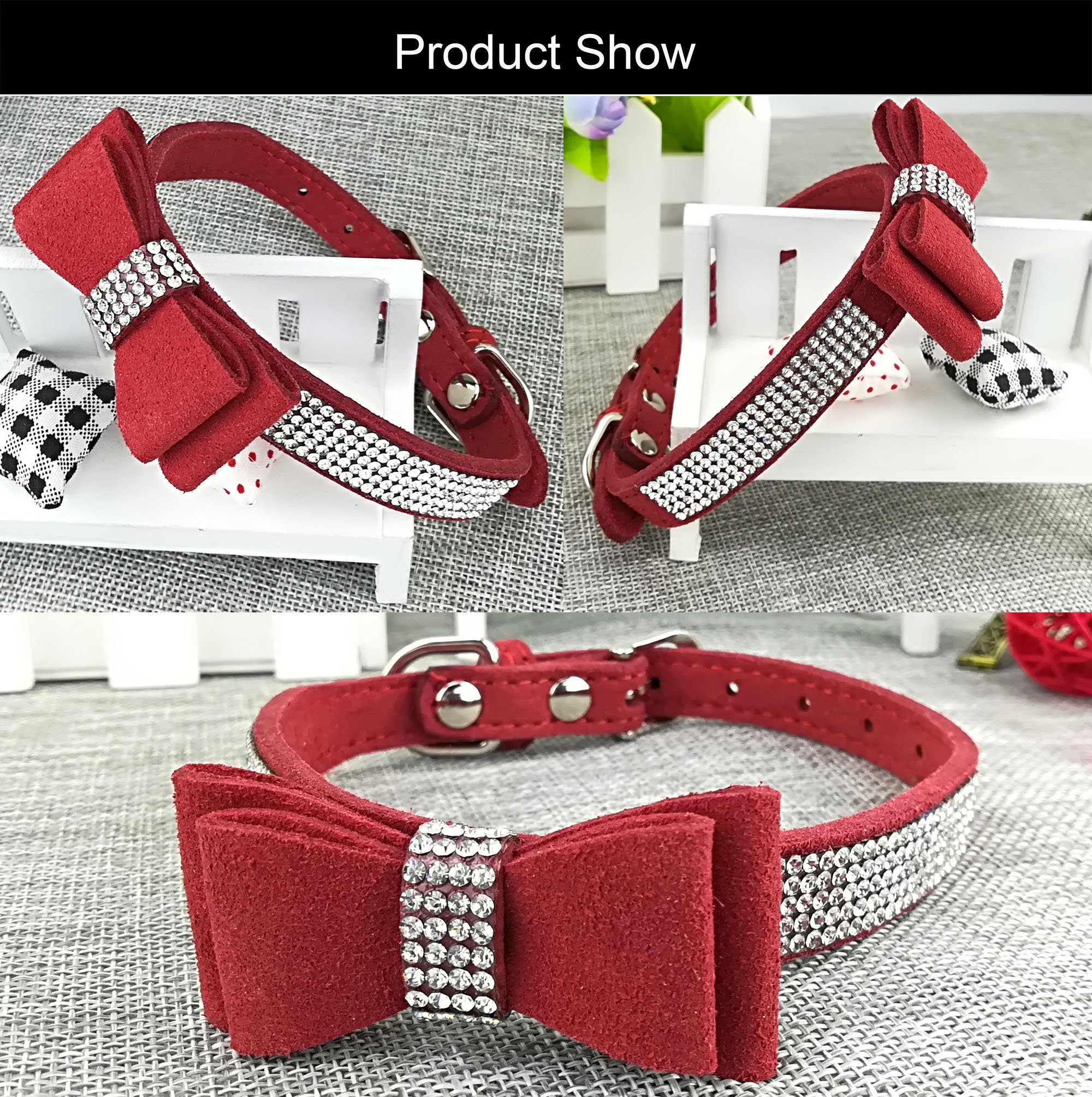 Newtensina 3-teiliges Hundehalsband & Leine Set – Wildleder Mit Bling Und Fliege