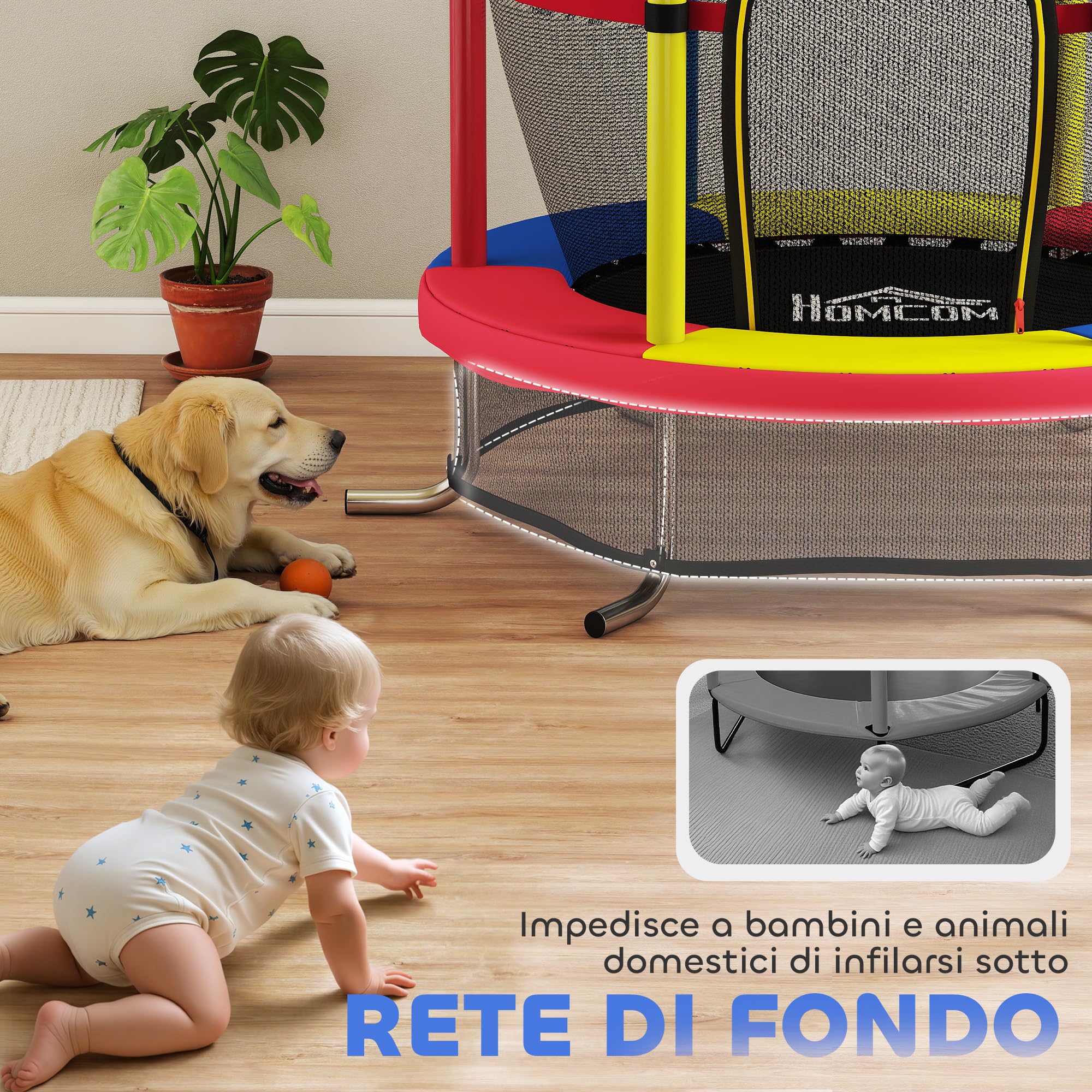 HOMCOM Trampolino per Bambini 3-6 Anni con Rete di Sicurezza, Tappeto Elastico Senza Molle con Gambe a L, per Interno ed Esterno, Ø160x190 cm, Multicolore