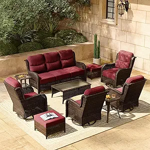 HILLGA Luxury Patio Furniture Set with 6-inch Thick Cushion, Outdoor Couch and High Back Swivel Rocker Patio Chairs, 10PCS Wicker Conversation Set for Deck Yard and Poolside, Burgundy (V2)