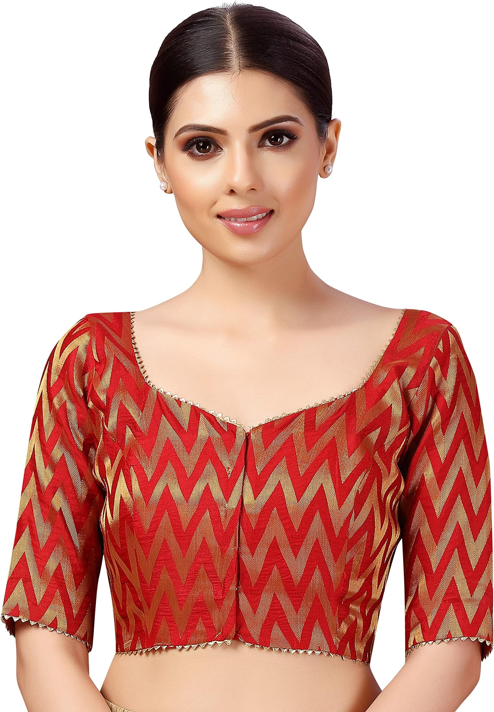 Studio Shringaar Women's Readymade Wave Design Banaras Brocade Saree Blouse with Elbow Length Sleeves