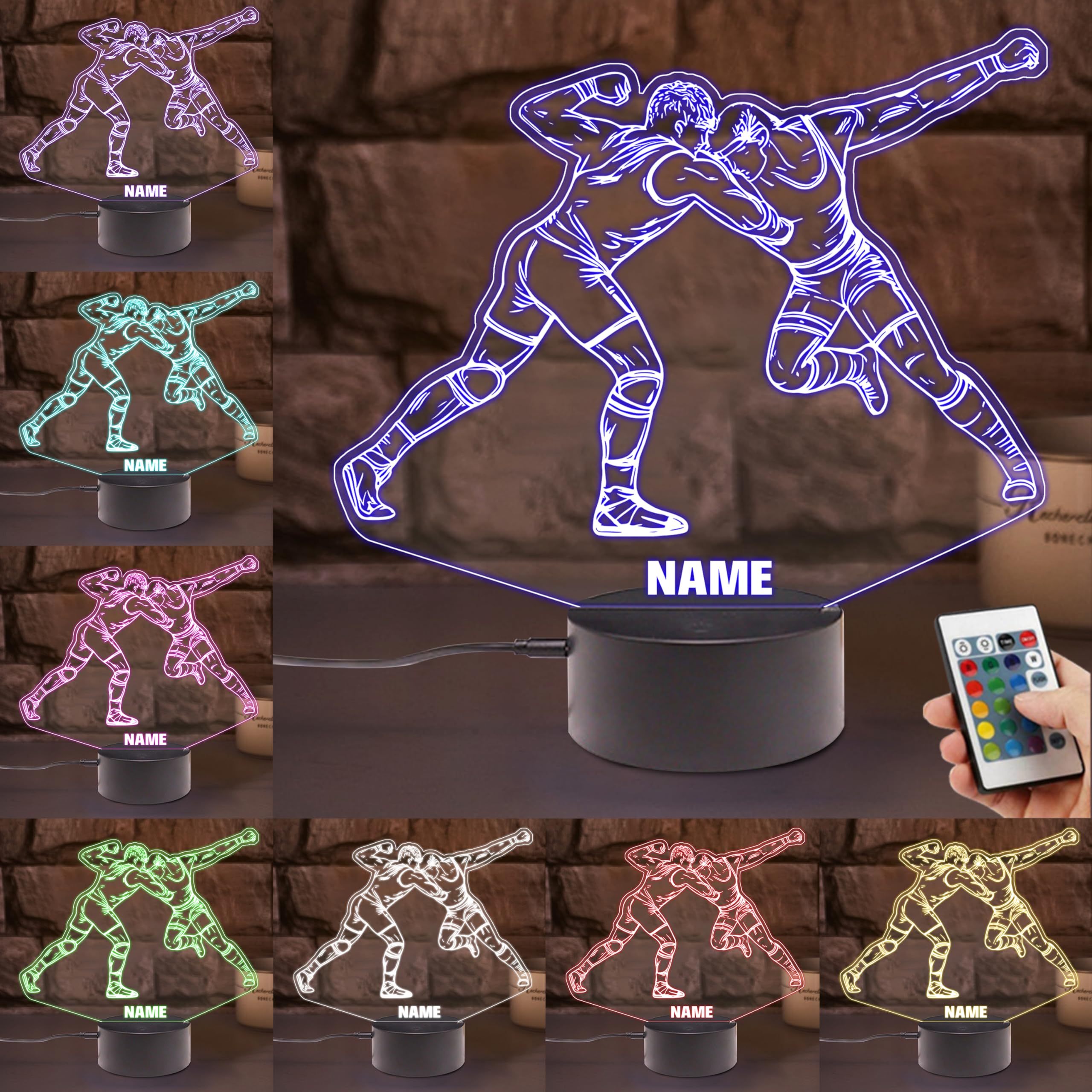 KKIIOEXX Personalized Wrestling Night Light,Custom Illusion Lamp with 16 Colors Remote,Decor for Kids Room,Wrestling Gifts for Wrestler Boys Girls