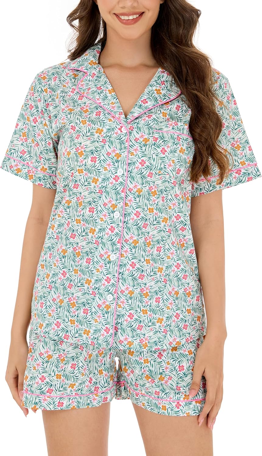 LUBOT 100% Cotton Pajamas for Women 2 Piece PJ Set Woven Poplin Ladies Button Down Short Sleeve Summer Sleepwear S-XXL