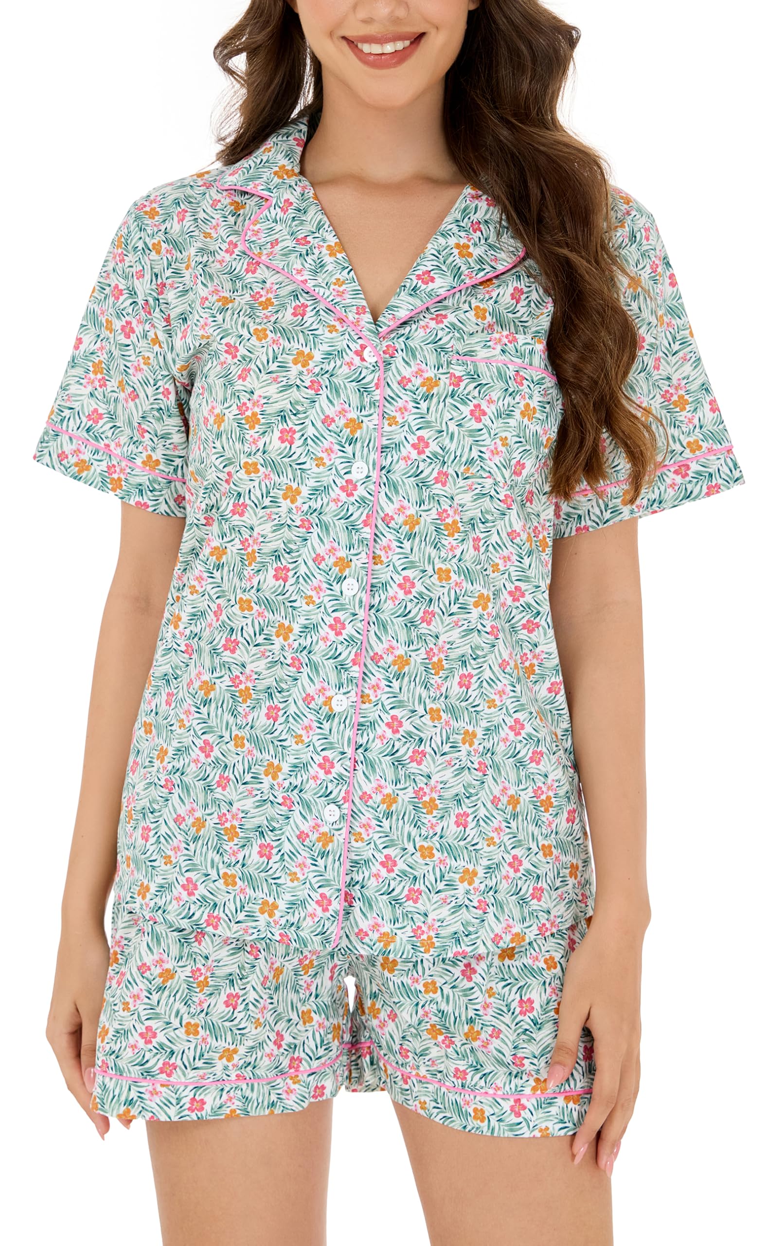 LUBOT 100% Cotton Pajamas for Women 2 Piece PJ Set Poplin Woven Lightweight Ladies Button Short Sleeve Sleepwear S-XXL