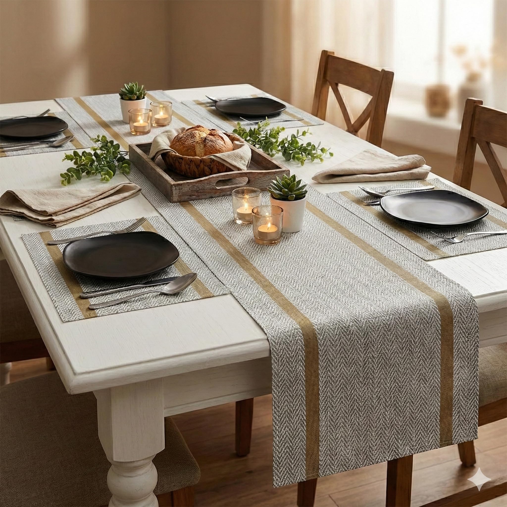 YELONA Dining Table Placemats and Runner Set - Heat Resistant, Washable, Stain Resistant Mats - Woven Vinyl Plastic - Easy to Clean-(45x30 cm 4 Placemats, 135x30 cm 1 Runner)-Ideal for Stylish Dining