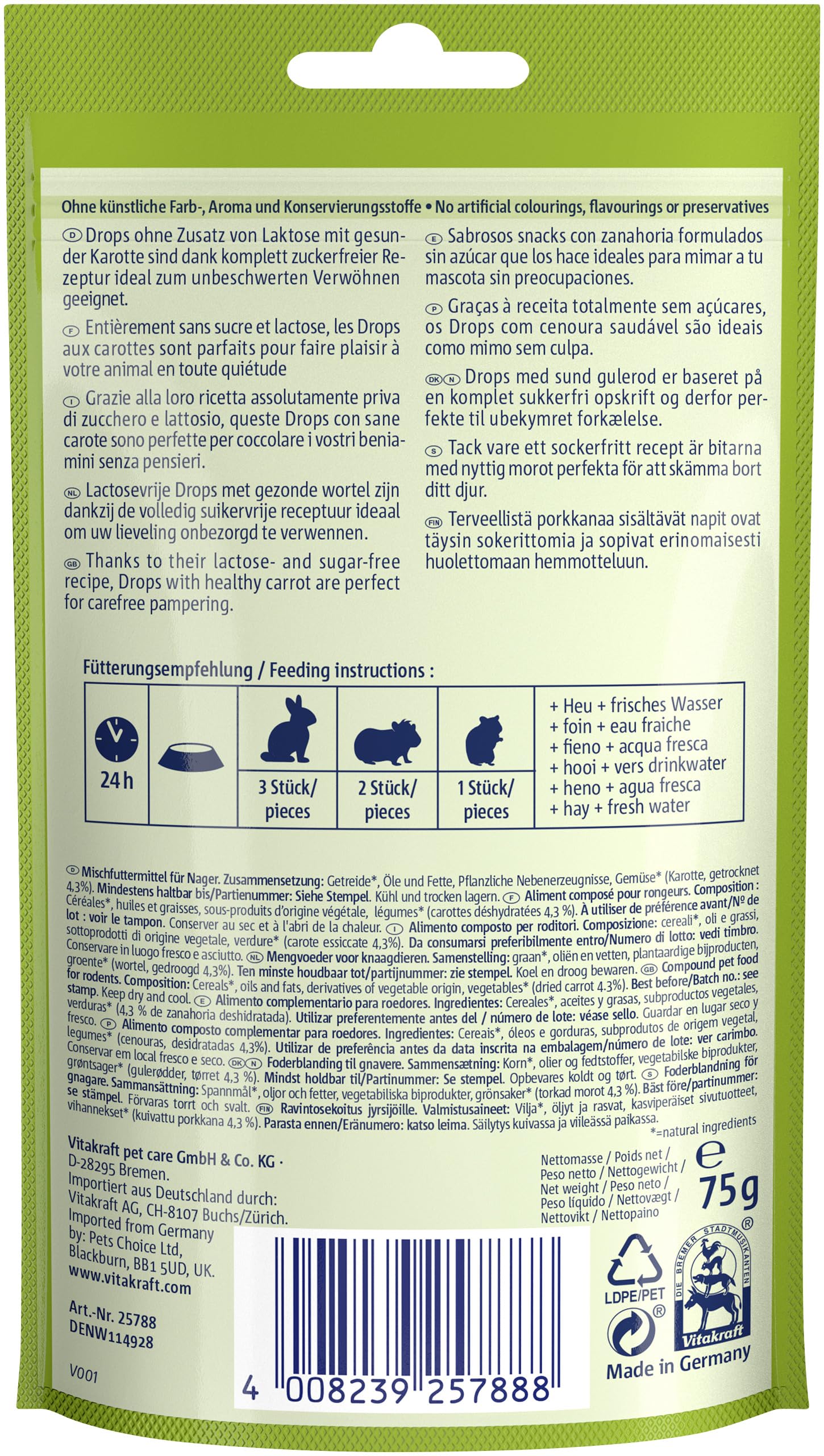 Vitakraft Drops - Friandise pour rongeurs à la Carotte - Recette sans Sucre ajouté (1 x 75g)