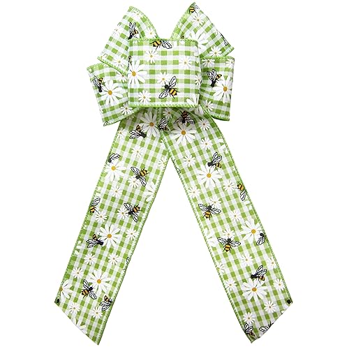 6" Lime Green Gingham Bees and Daisies Wreath Bow by Alpine Holiday Bows - Spring Bows for Wreaths, Lanterns, Signs, Gifts, Baskets, Decorations and