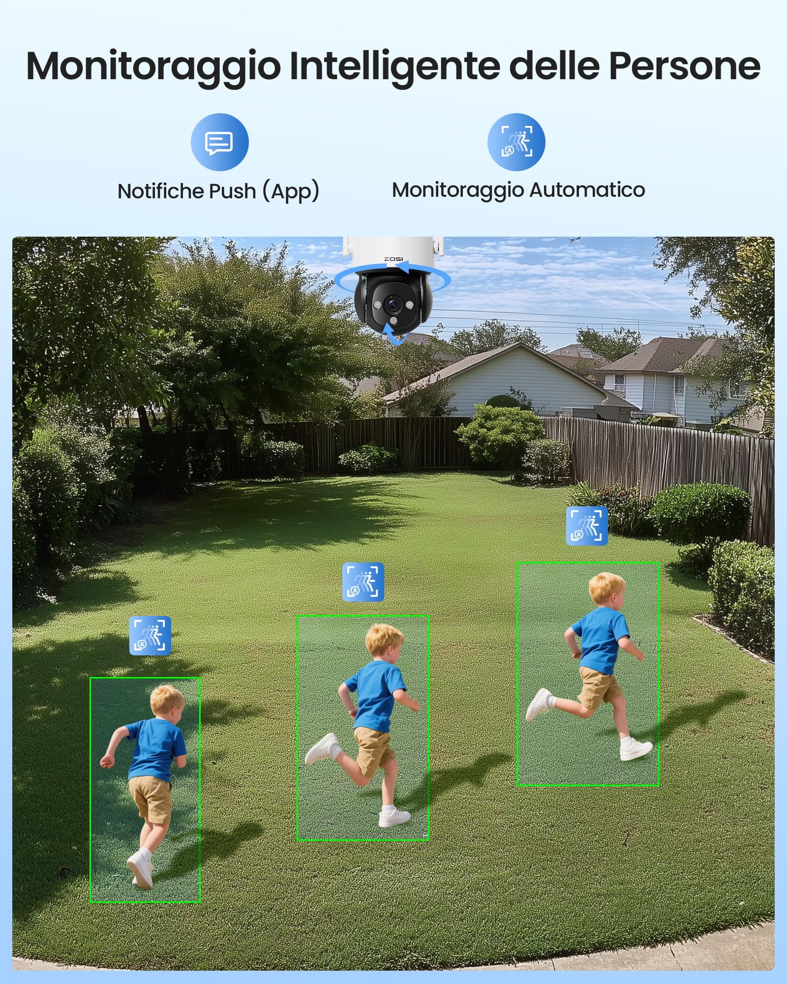 ZOSI 4K Telecamera di Sorveglianza WLAN per Esterni con Scheda da 64 GB, 8MP Telecamera PTZ a 360°, Riconoscimento di Persone/Veicoli, Auto Tracking, Audio Bidirezionale, Visione Notturna IR